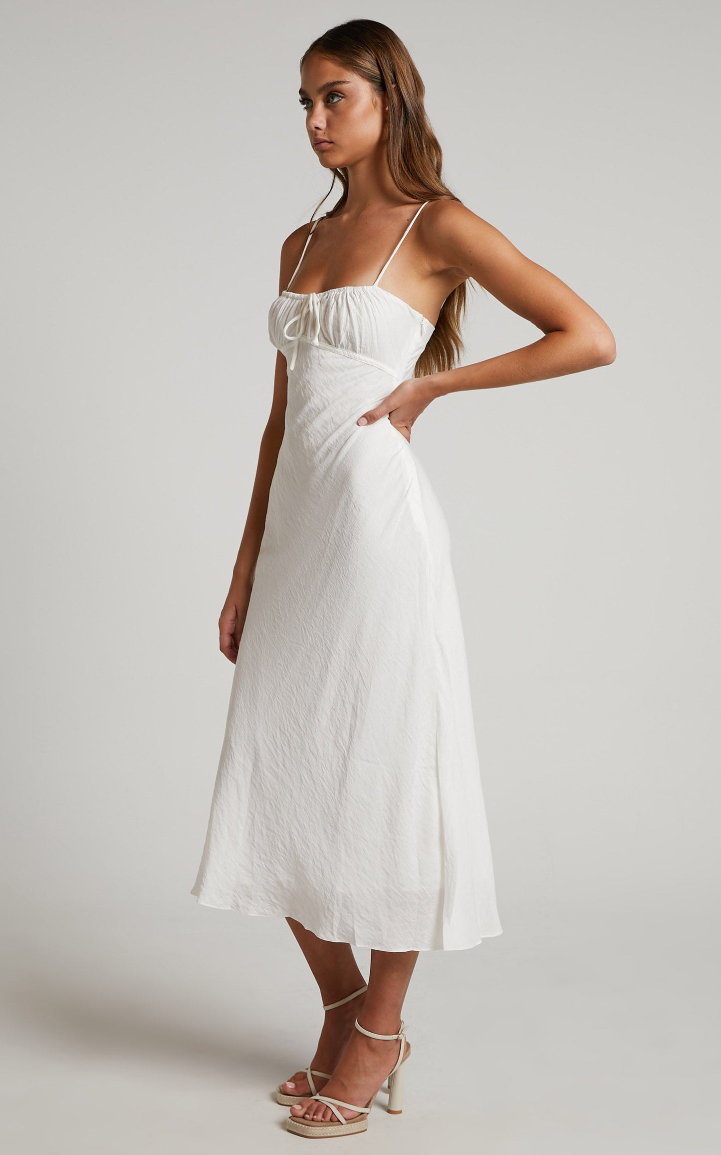 Lancey Midi Dress - Ruched Bust Tie Front Dress in White