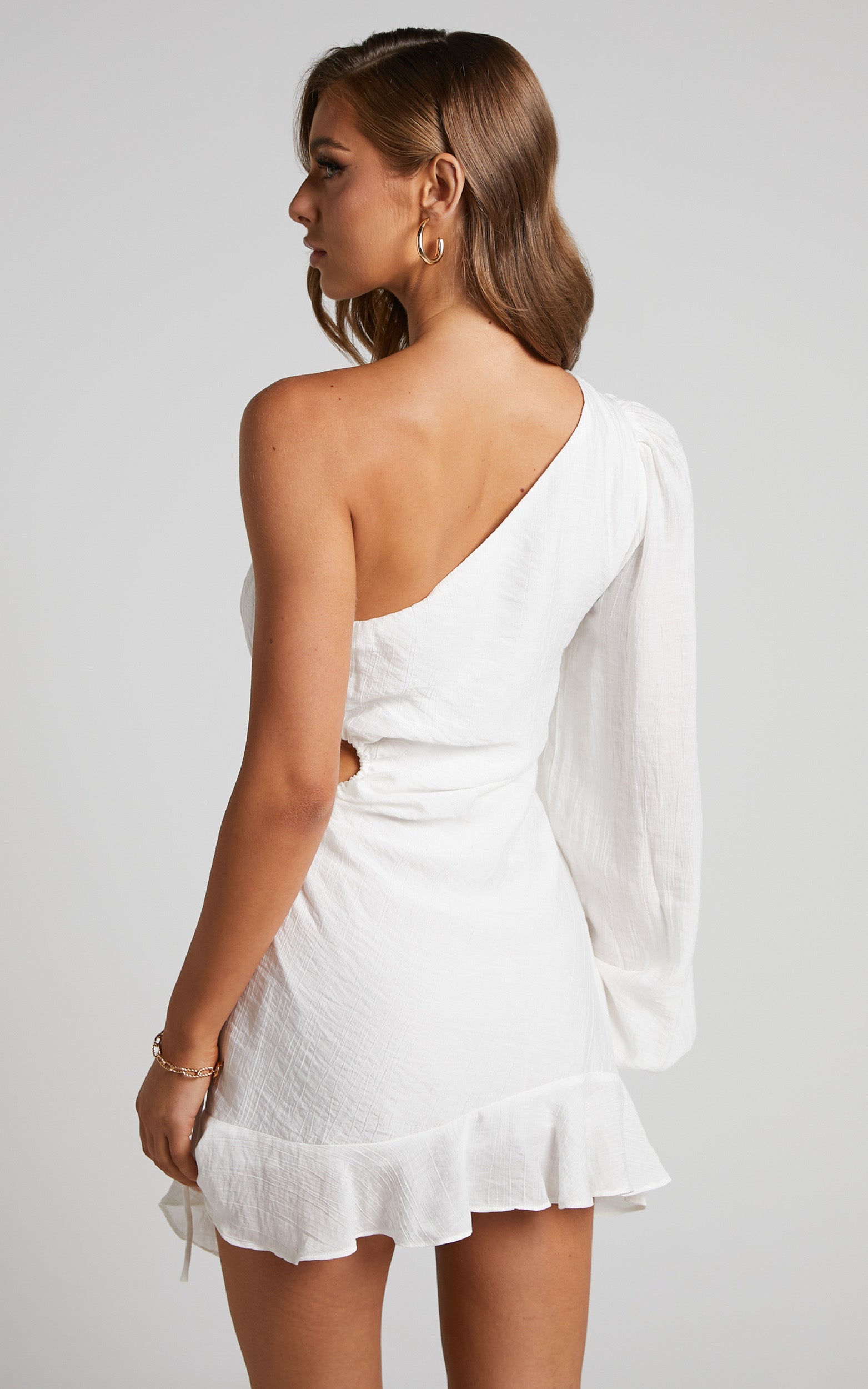 Lancey Mini Dress - Ruched Side Cut Out Long Sleeve One Shoulder Dress in White