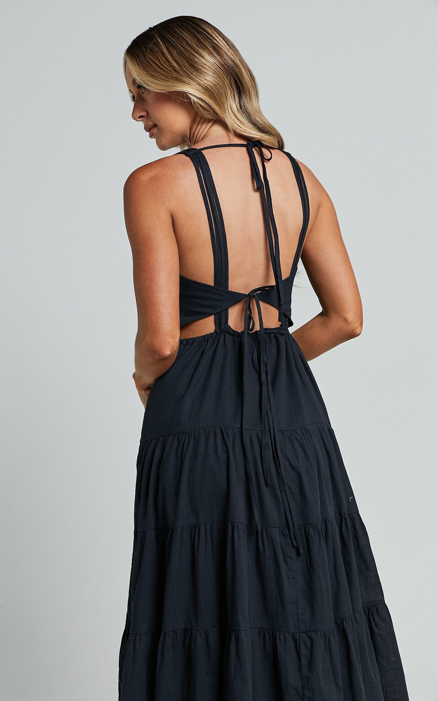 Landon Midi Dress - Deep V Neck Tiered Dress in Black