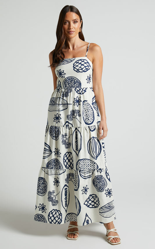 Lanny Midi Dress - Straight Neckline Sleeveless Dress in Navy Fruity Print