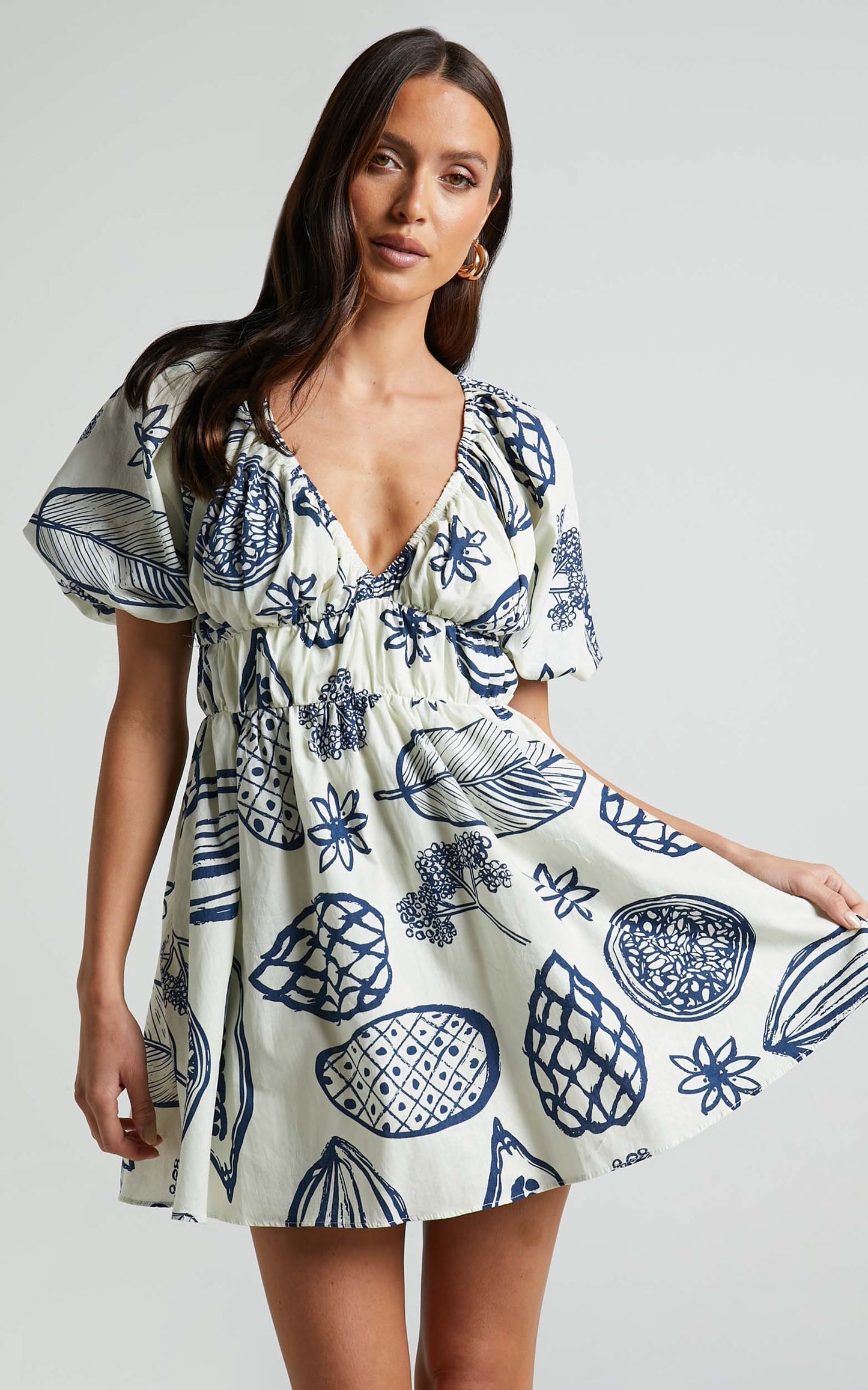 Lanny Mini Dress - Plunge Neck Puff Sleeve Dress in Navy Fruity Print