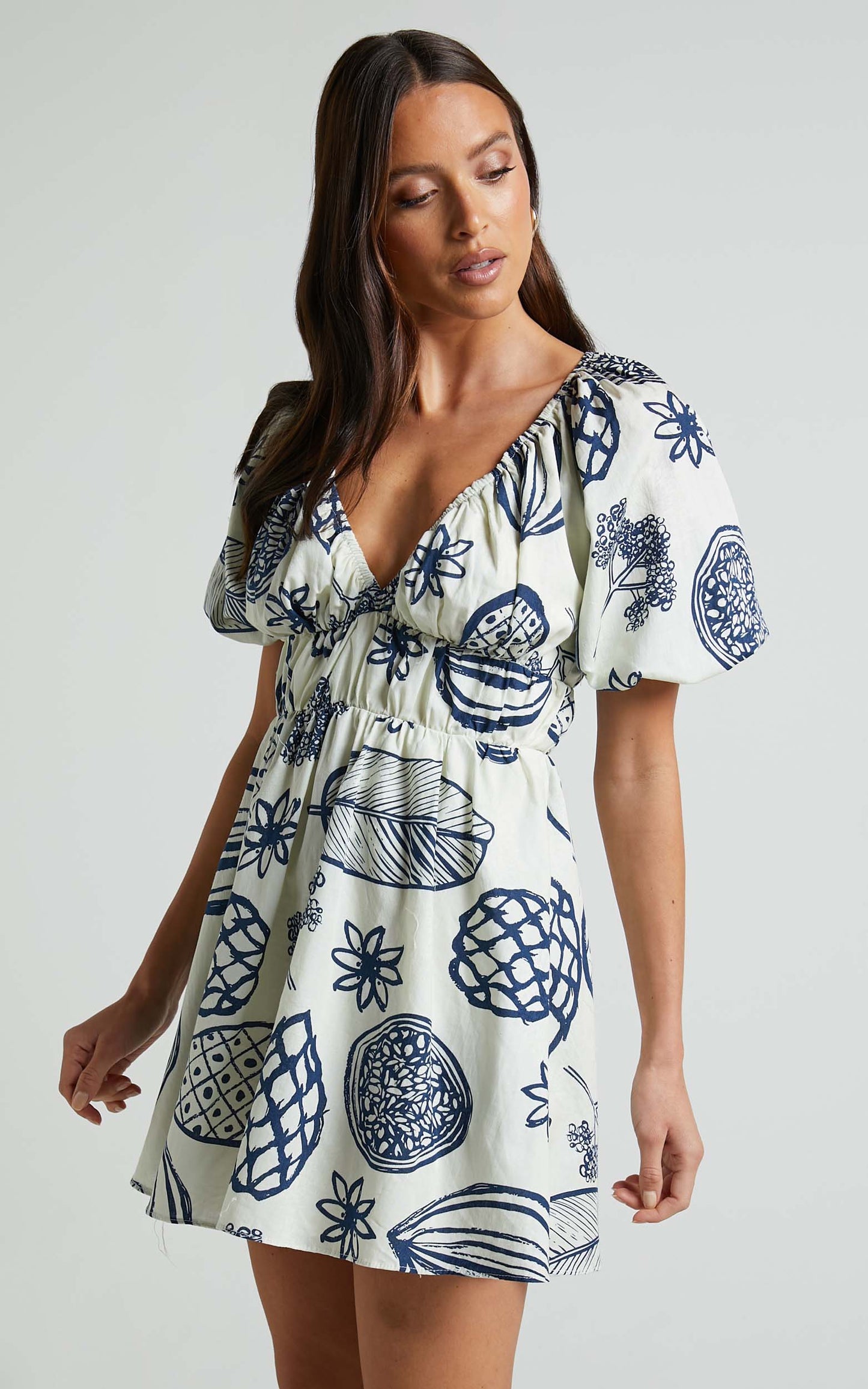Lanny Mini Dress - Plunge Neck Puff Sleeve Dress in Navy Fruity Print