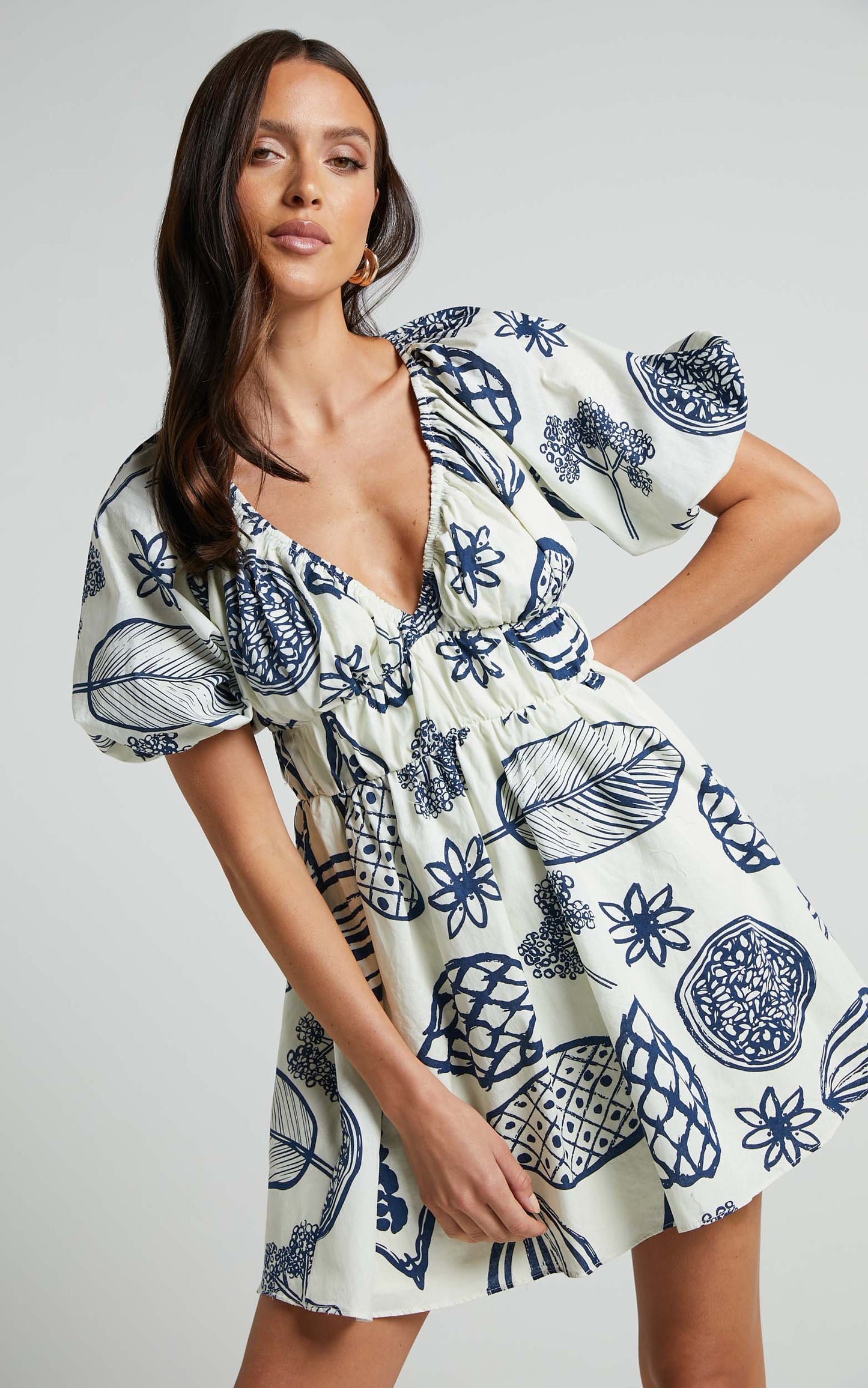 Lanny Mini Dress - Plunge Neck Puff Sleeve Dress in Navy Fruity Print