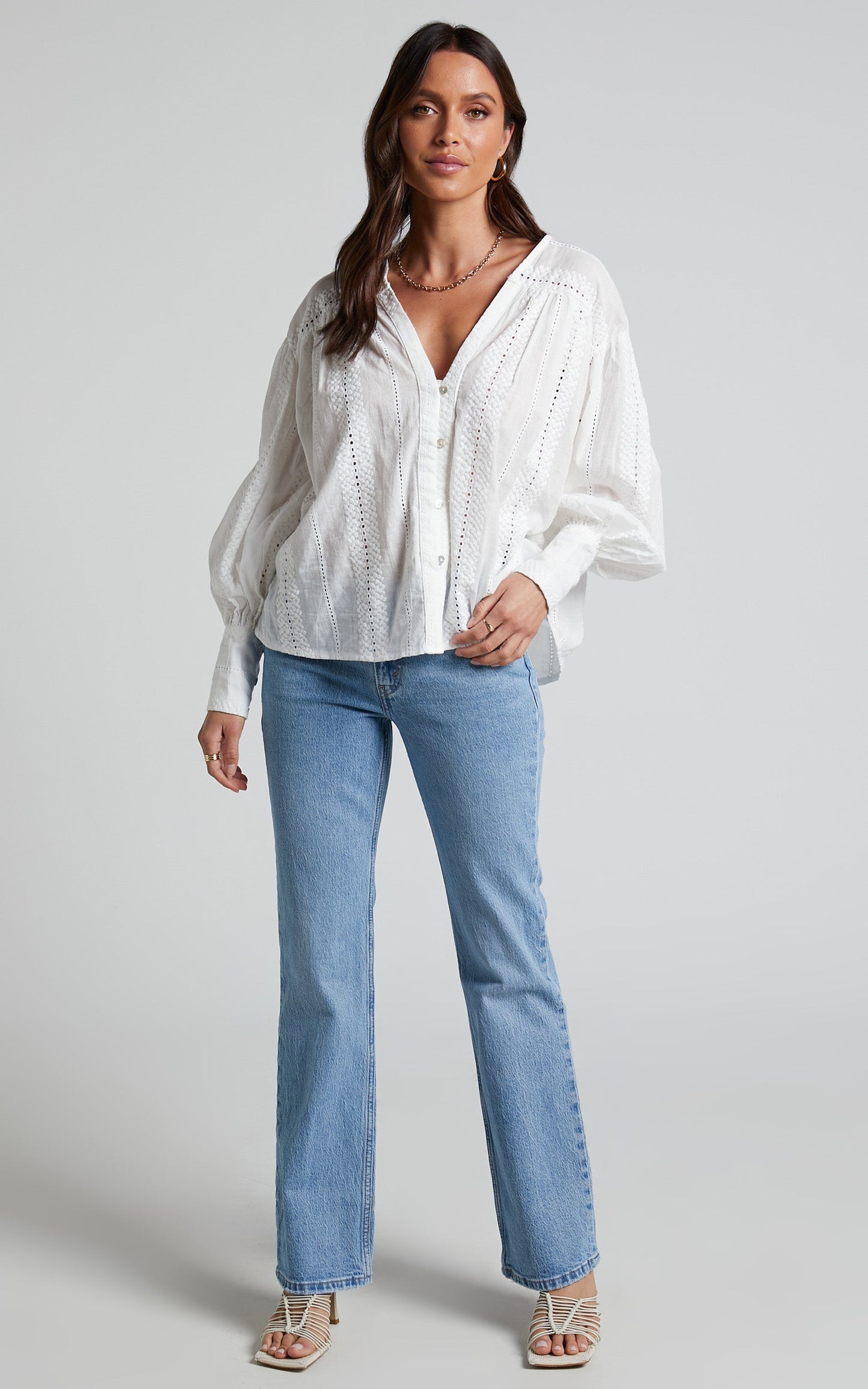 Lanzy Blouse - Long Sleeve Broderie Trim Relaxed Blouse in White