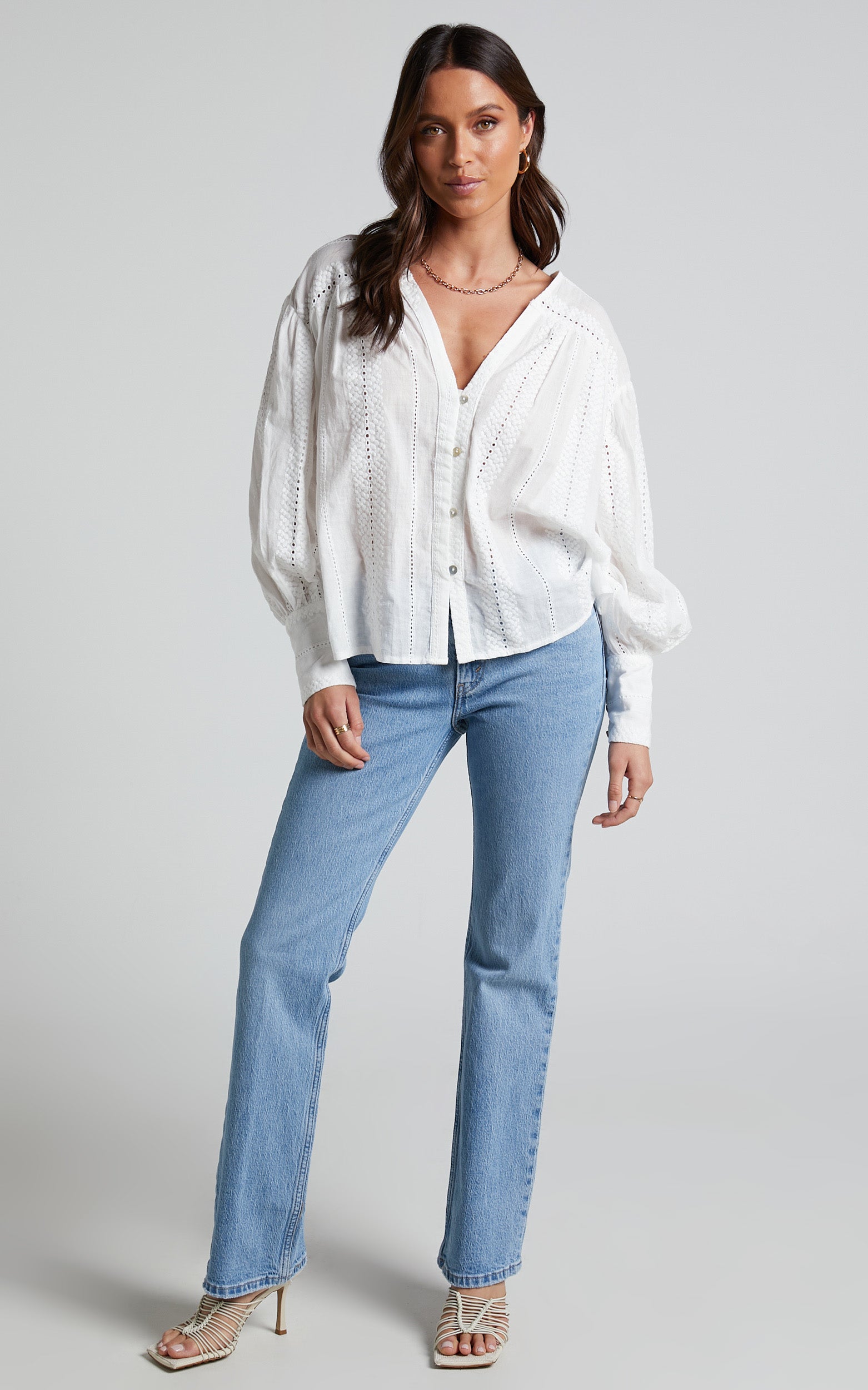 Lanzy Blouse - Long Sleeve Broderie Trim Relaxed Blouse in White