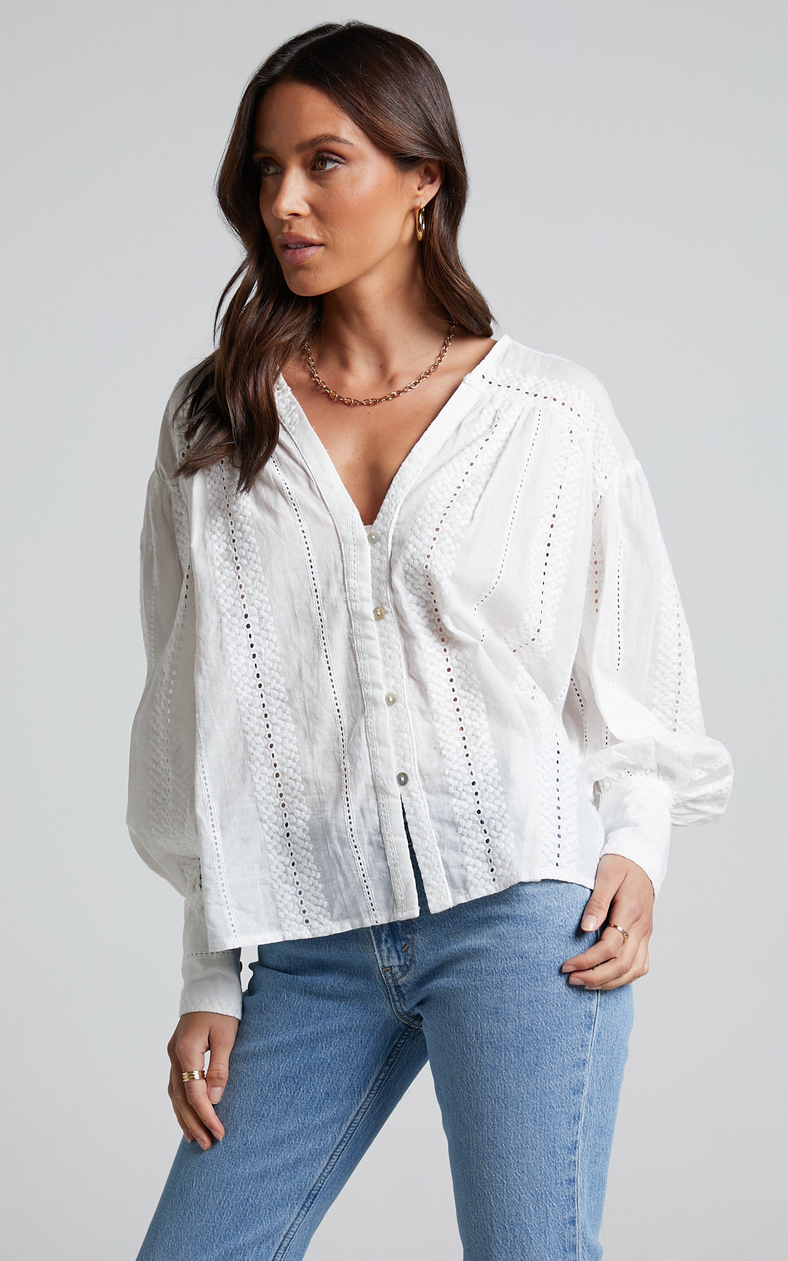 Lanzy Blouse - Long Sleeve Broderie Trim Relaxed Blouse in White