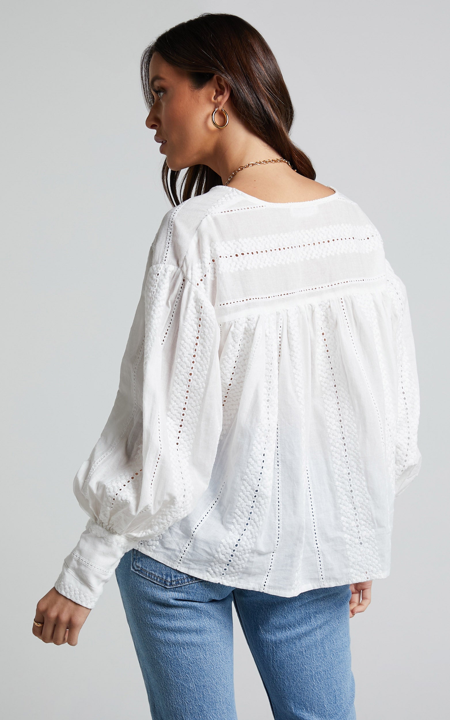 Lanzy Blouse - Long Sleeve Broderie Trim Relaxed Blouse in White