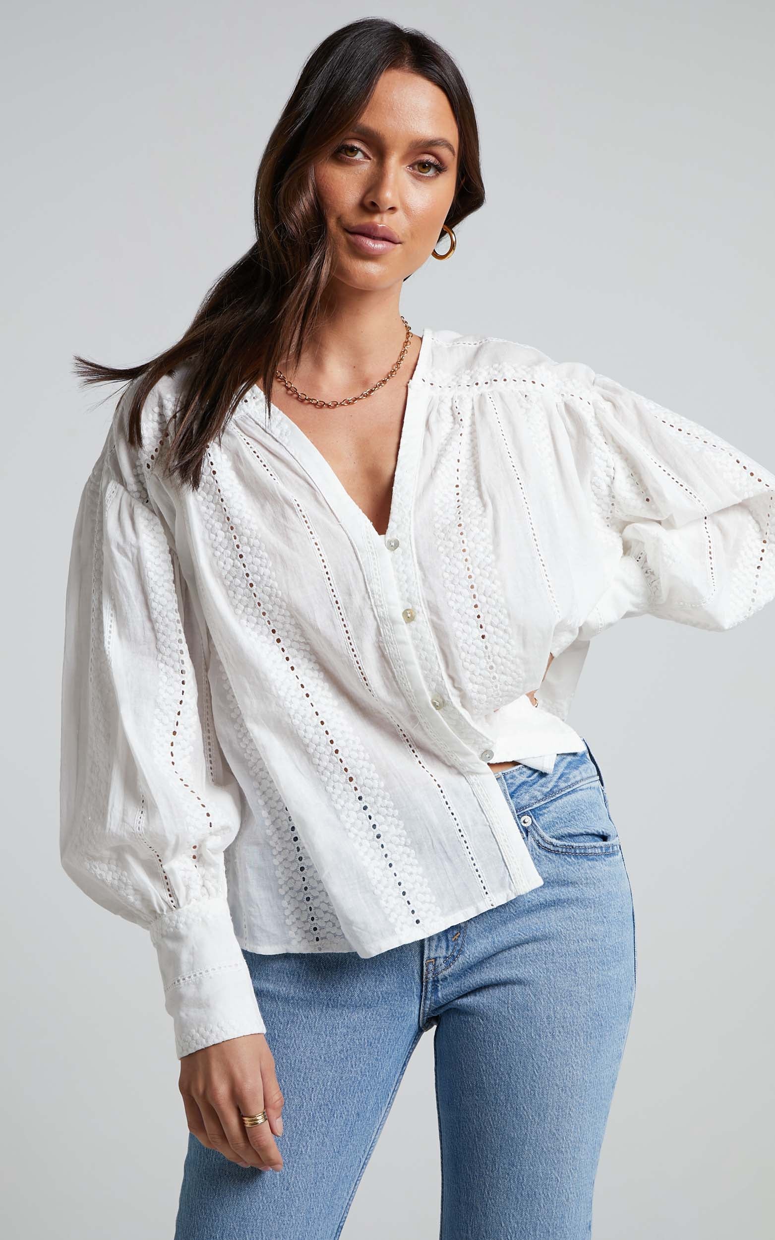 Lanzy Blouse - Long Sleeve Broderie Trim Relaxed Blouse in White