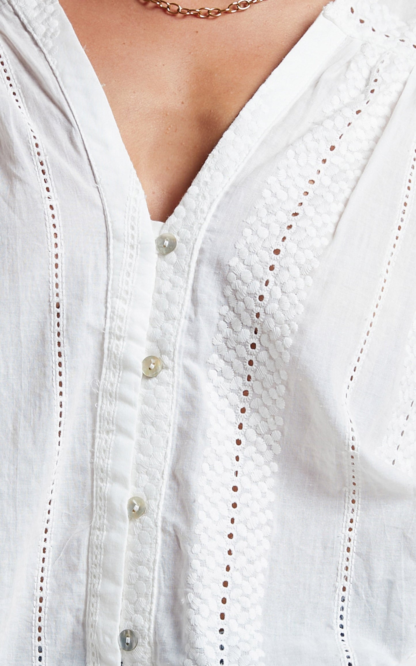 Lanzy Blouse - Long Sleeve Broderie Trim Relaxed Blouse in White