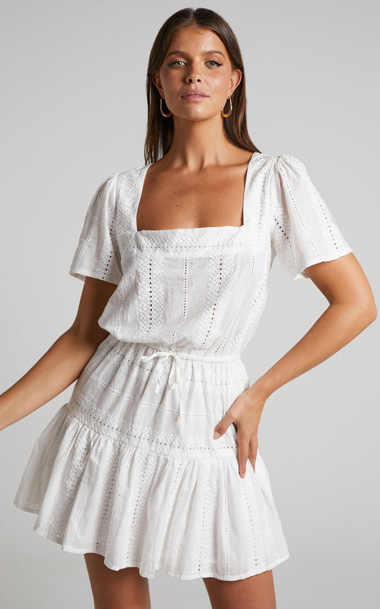 Lanzy Broderie Twist Front Crop Top and Mini Skirt Two Piece Set in White