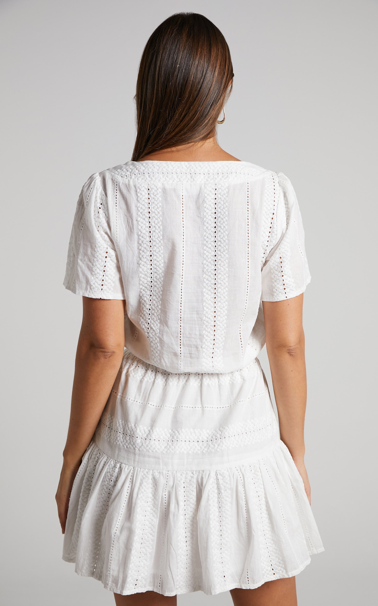 Lanzy Broderie Twist Front Crop Top and Mini Skirt Two Piece Set in White