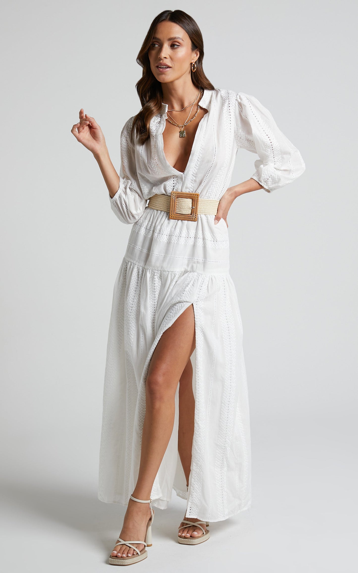 Lanzy Maxi Dress - Long Sleeve Yoke Waist Relaxed Broderie Dress in White