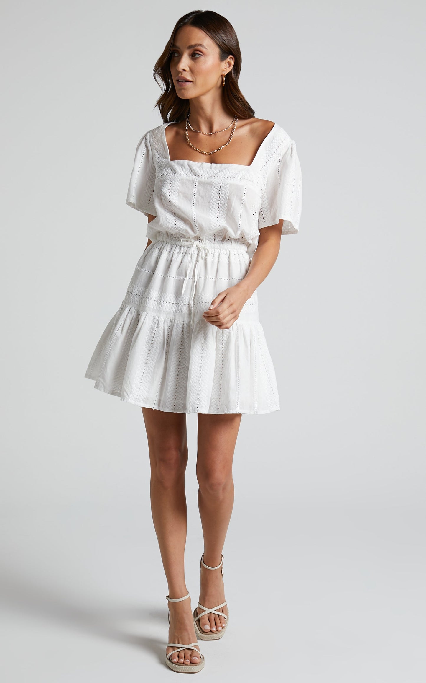 Lanzy Mini Dress - Short Sleeve Square Neck Broderie Dress in White