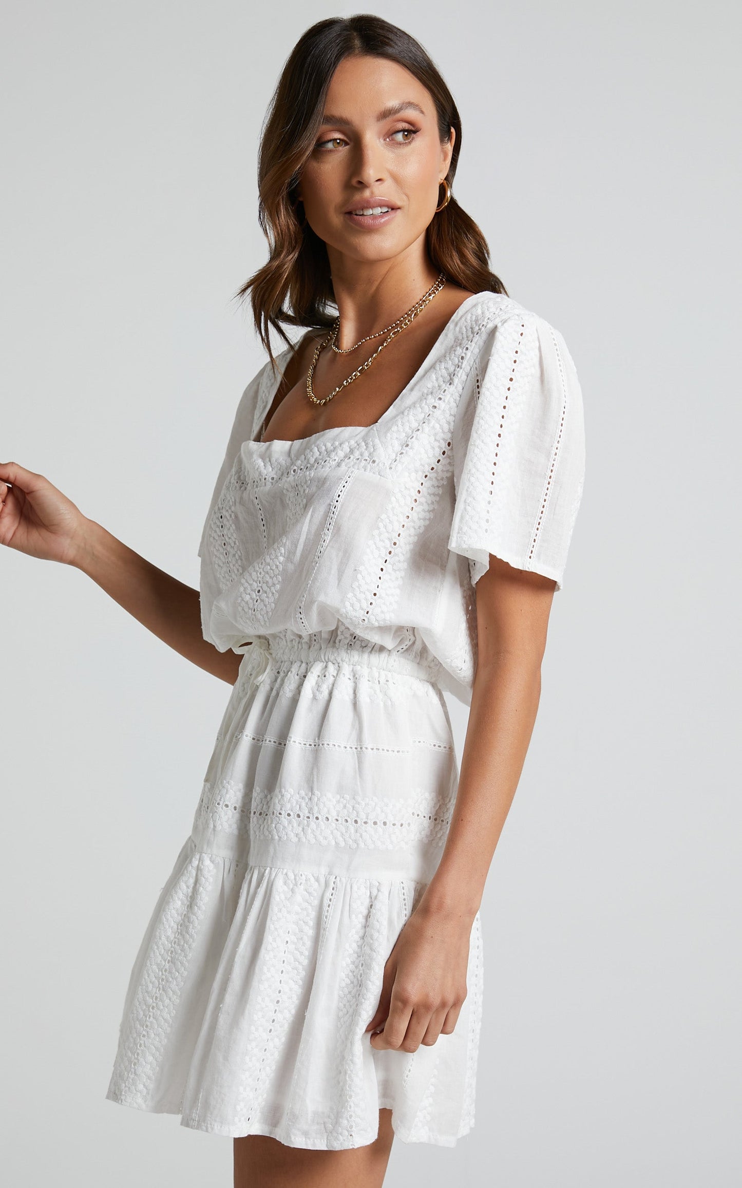 Lanzy Mini Dress - Short Sleeve Square Neck Broderie Dress in White