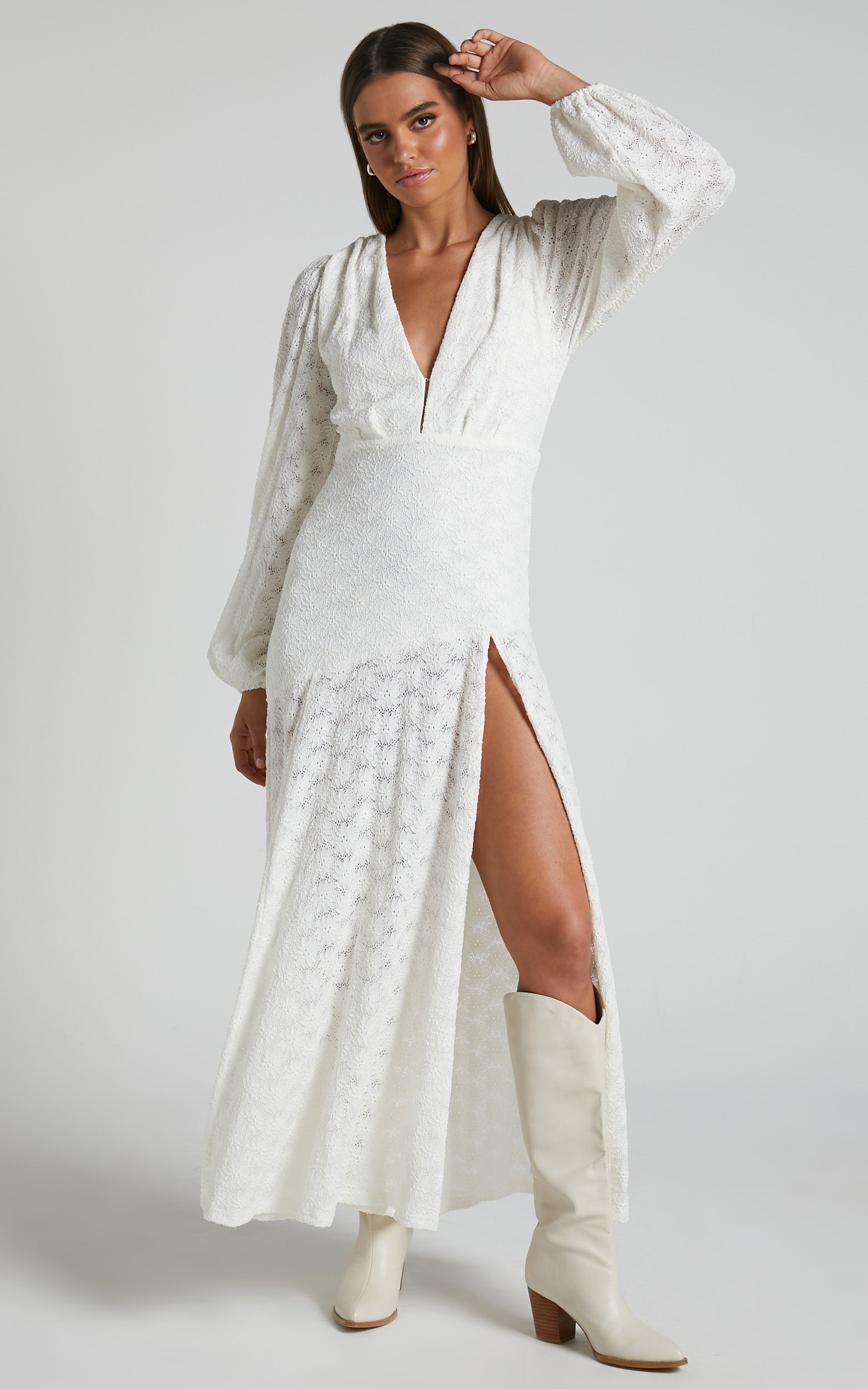 Larahmae Midi Dress - Embroidered Long Sleeve Dress in White