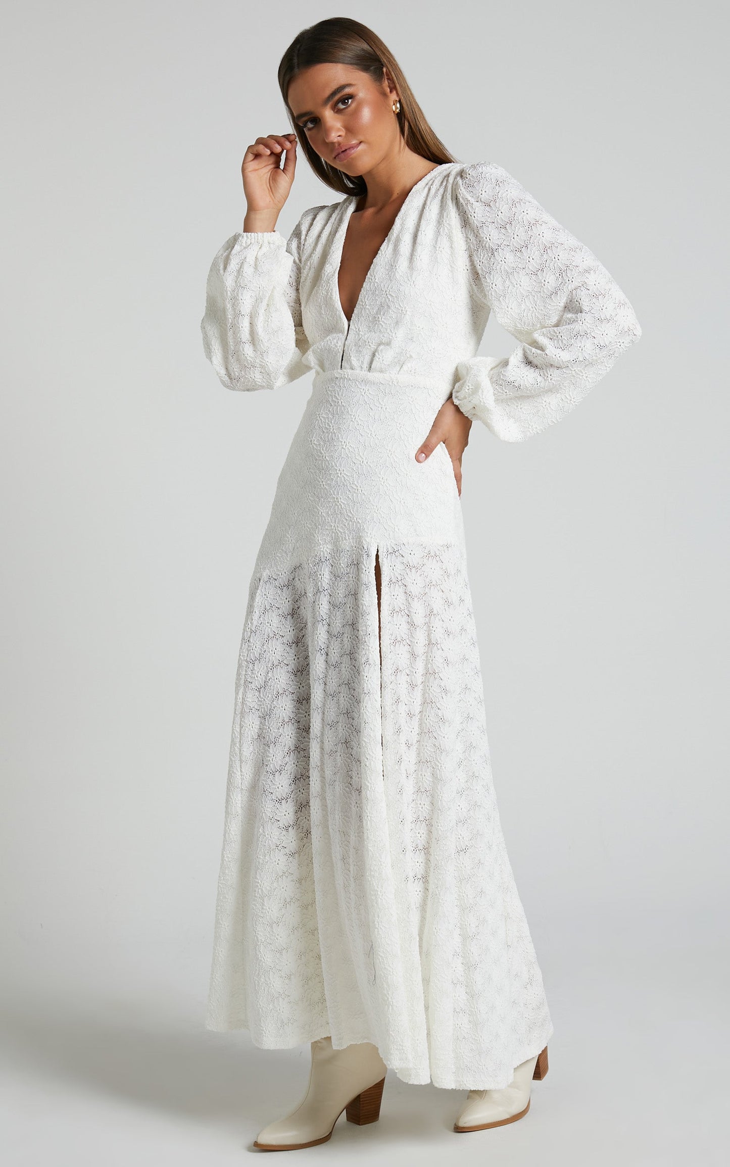 Larahmae Midi Dress - Embroidered Long Sleeve Dress in White