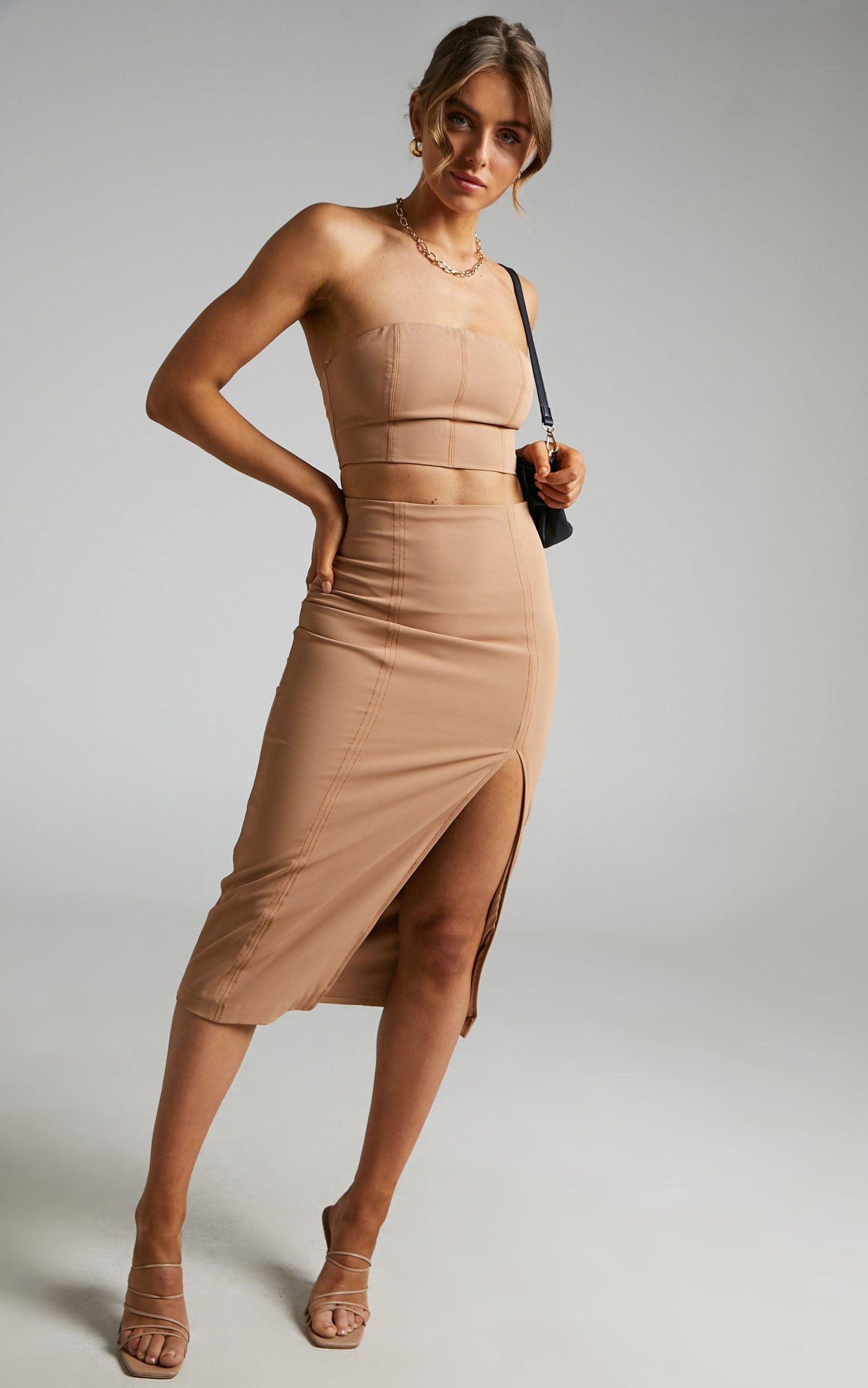 Laramie Contrast Stitch Detail Two Piece Set in Beige