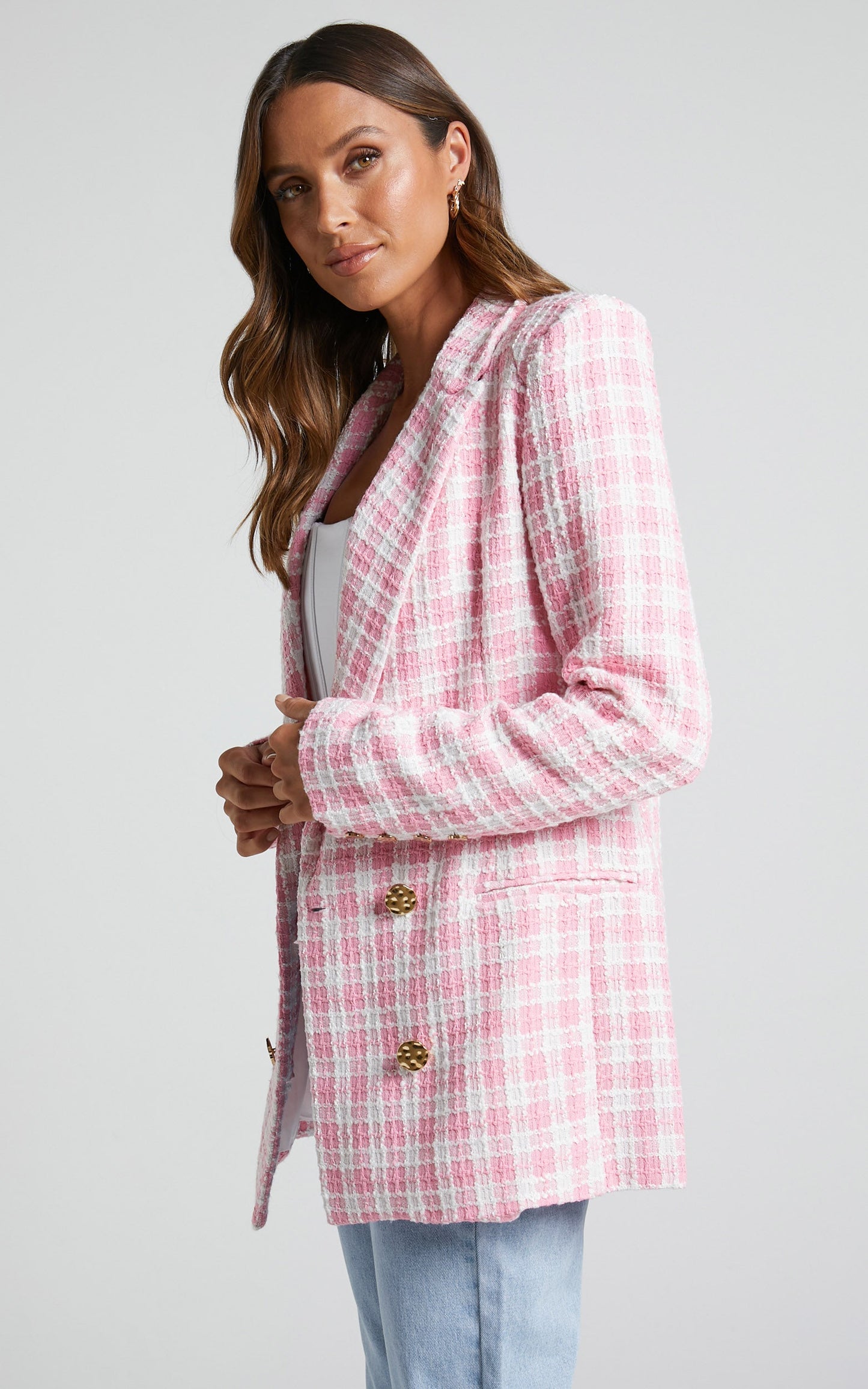 Larence Blazer - Longline Double Breasted Blazer in Pink Check
