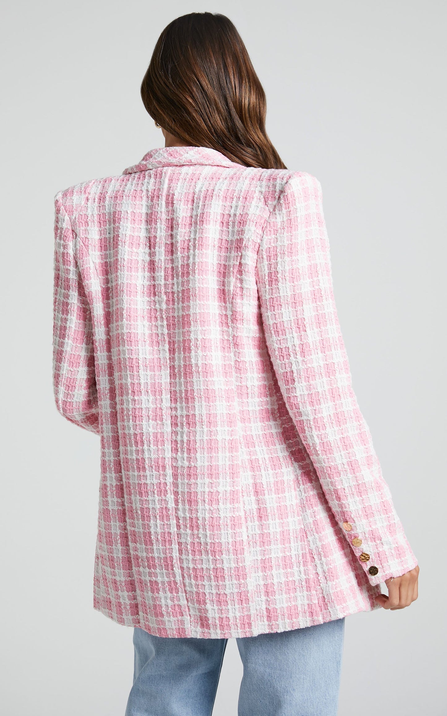 Larence Blazer - Longline Double Breasted Blazer in Pink Check