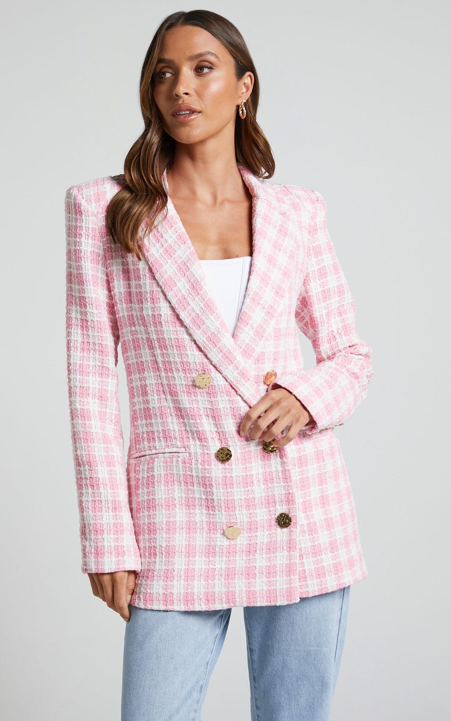 Larence Blazer - Longline Double Breasted Blazer in Pink Check