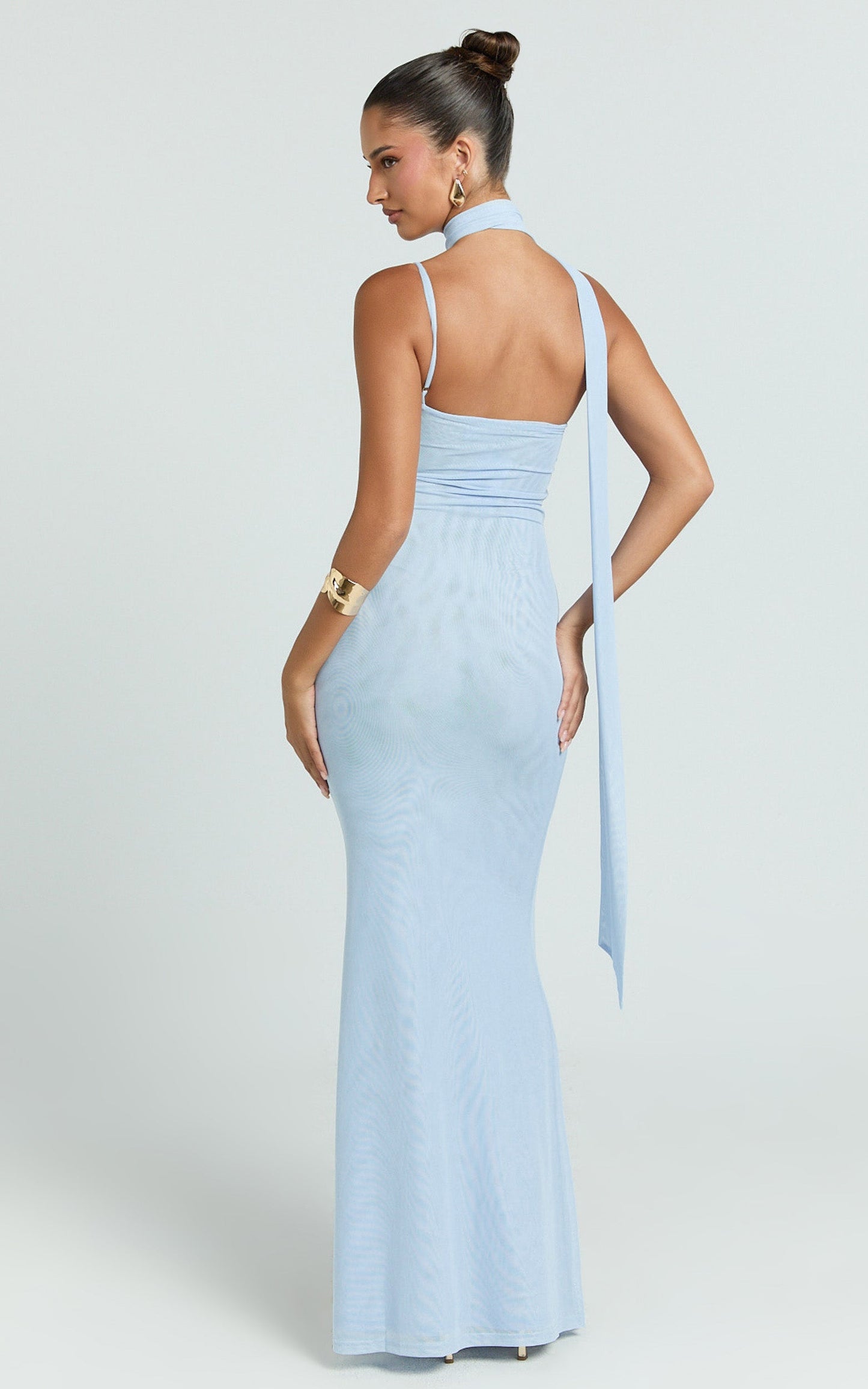 Larson Maxi Dress - Asymmetric Tie Neck Column Dress in Pale Blue