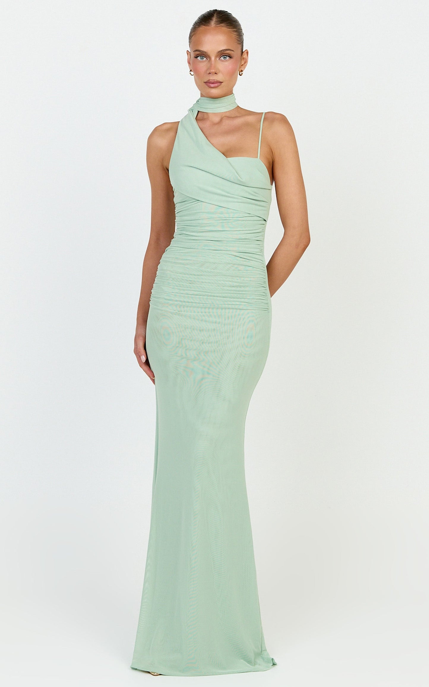 Larson Maxi Dress - Asymmetric Tie Neck Column Dress in Sage