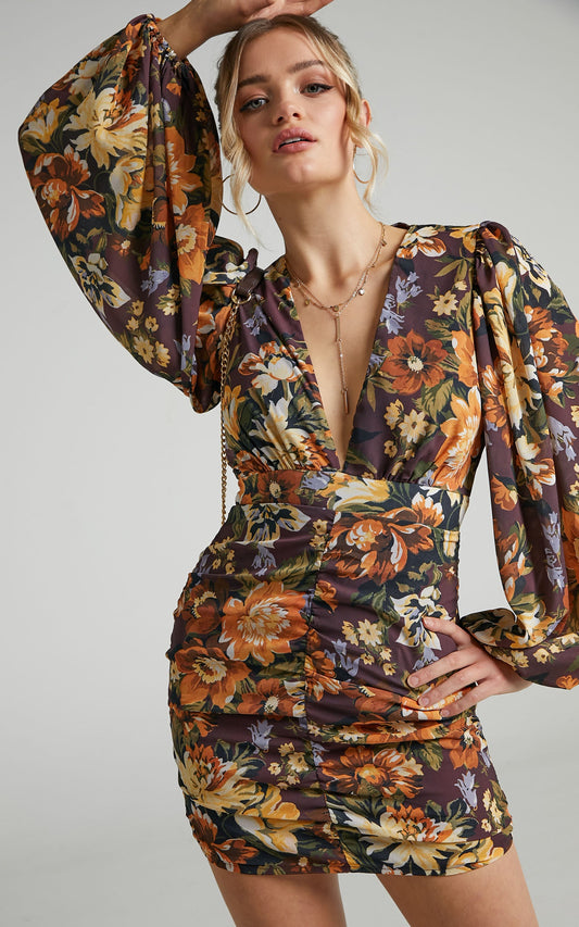 Latiana Mini Dress - Ruched Plunge Neck Dress in Indulgent Bloom