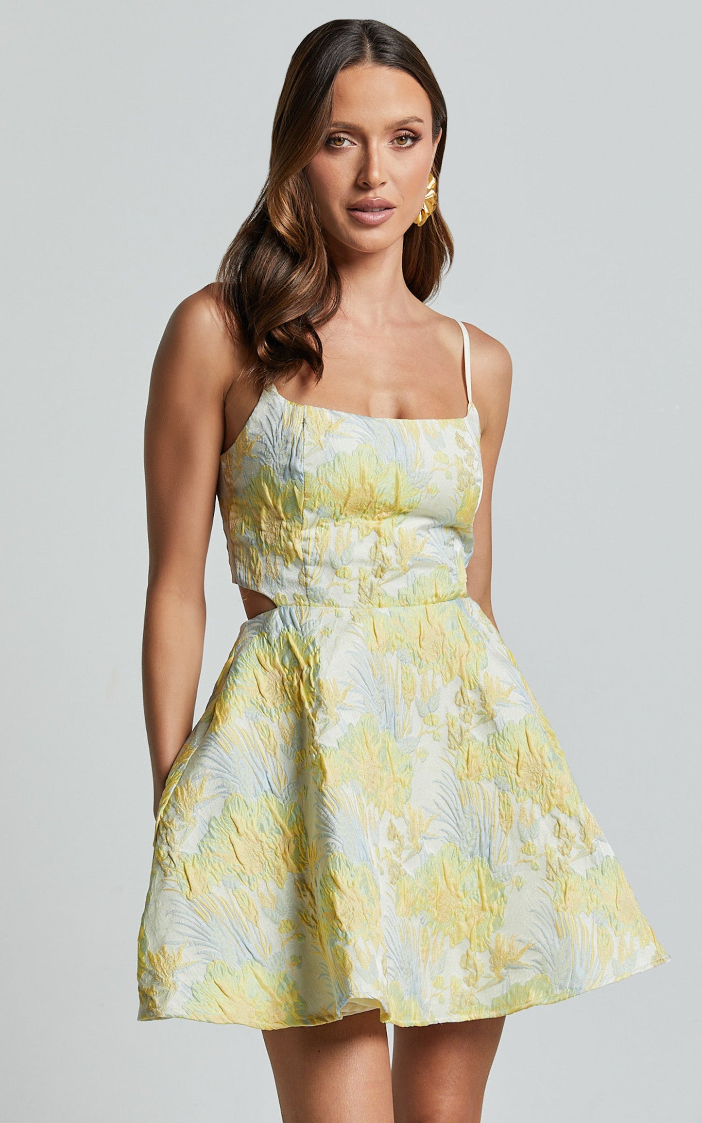 Lauraine Mini Dress - Strappy Straight Neck Back Cut Out Dress in Lemon