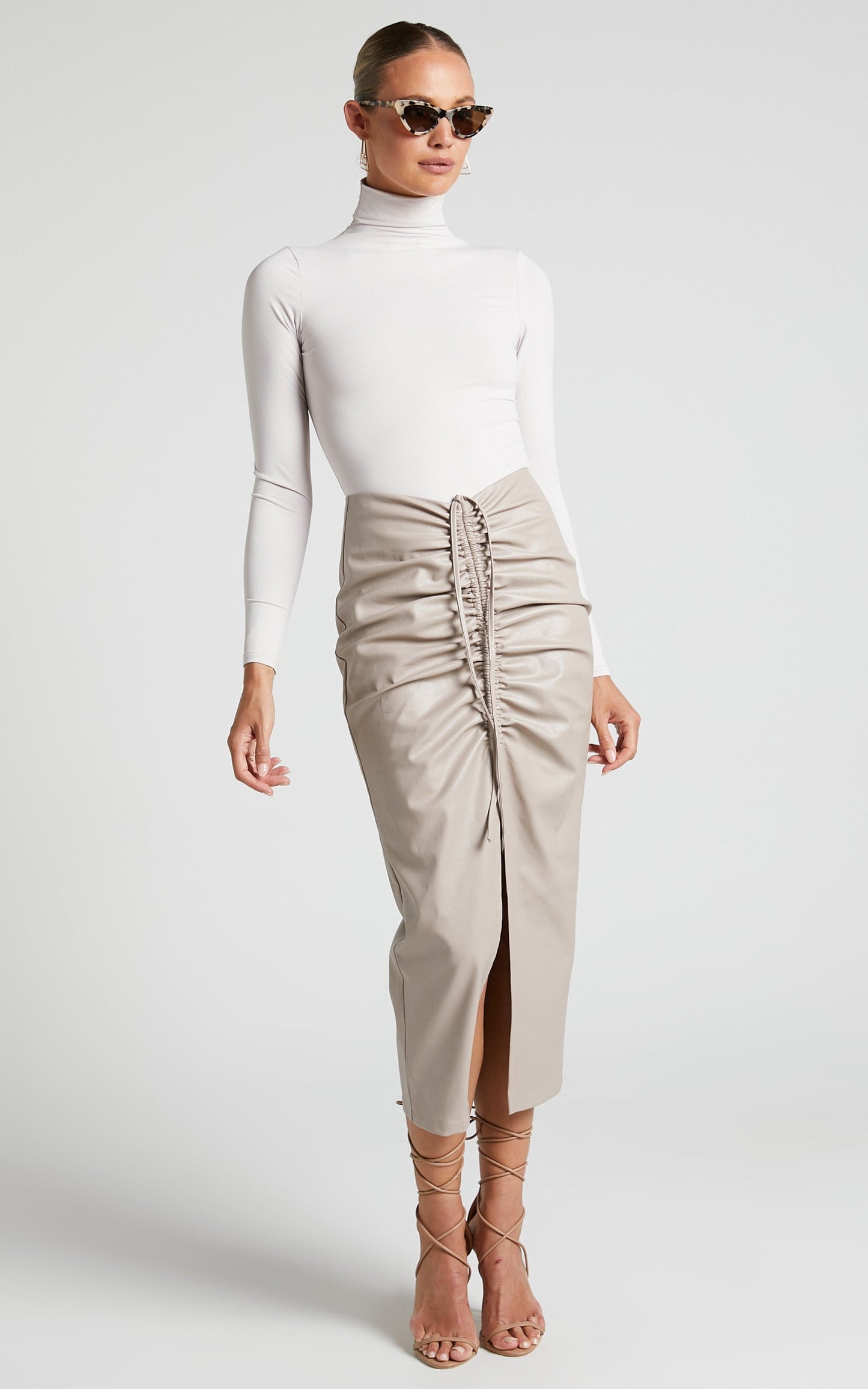 Laurenna Midi Skirt - Faux Leather Ruched Front Split Skirt in Beige