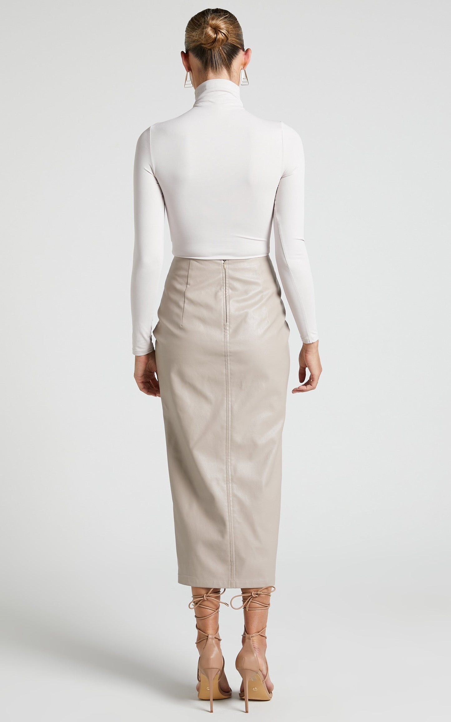 Laurenna Midi Skirt - Faux Leather Ruched Front Split Skirt in Beige