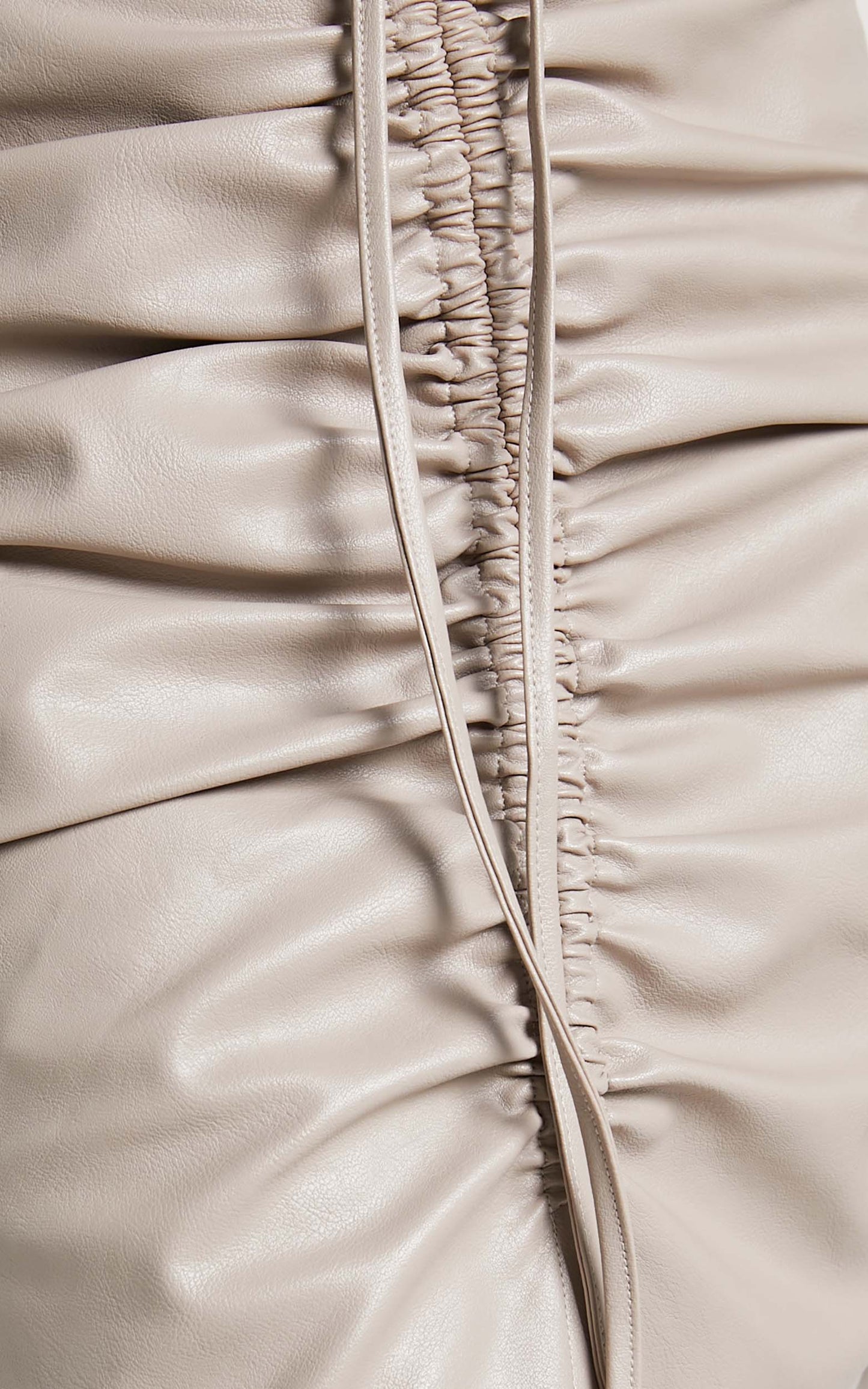 Laurenna Midi Skirt - Faux Leather Ruched Front Split Skirt in Beige