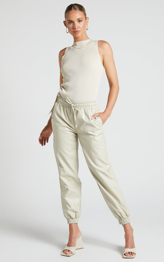 Laurenna Pants - Mid Rise Drawstring Waist Joggers in Beige