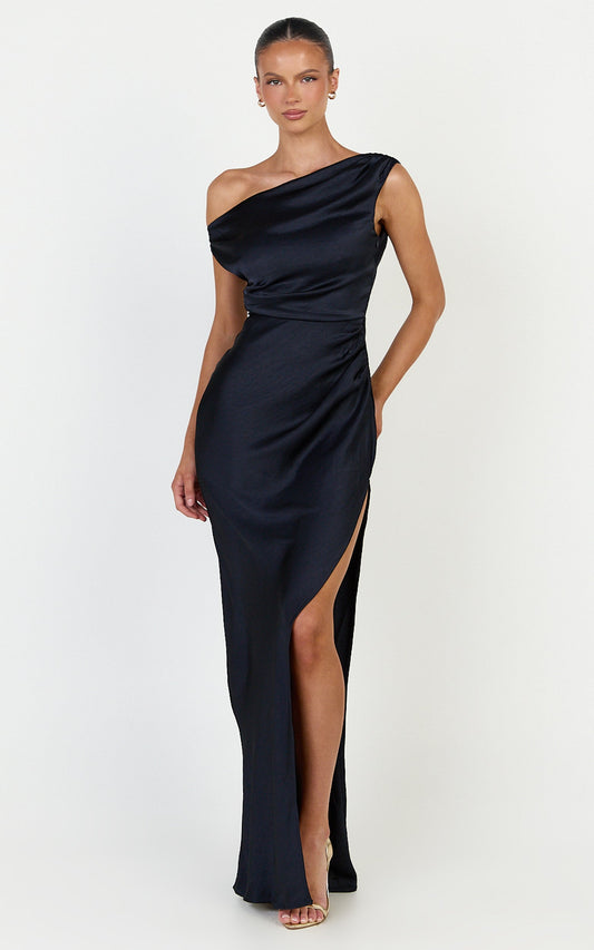 Laurie Maxi Dress - One Shoulder Tie Detail Dress in Navy