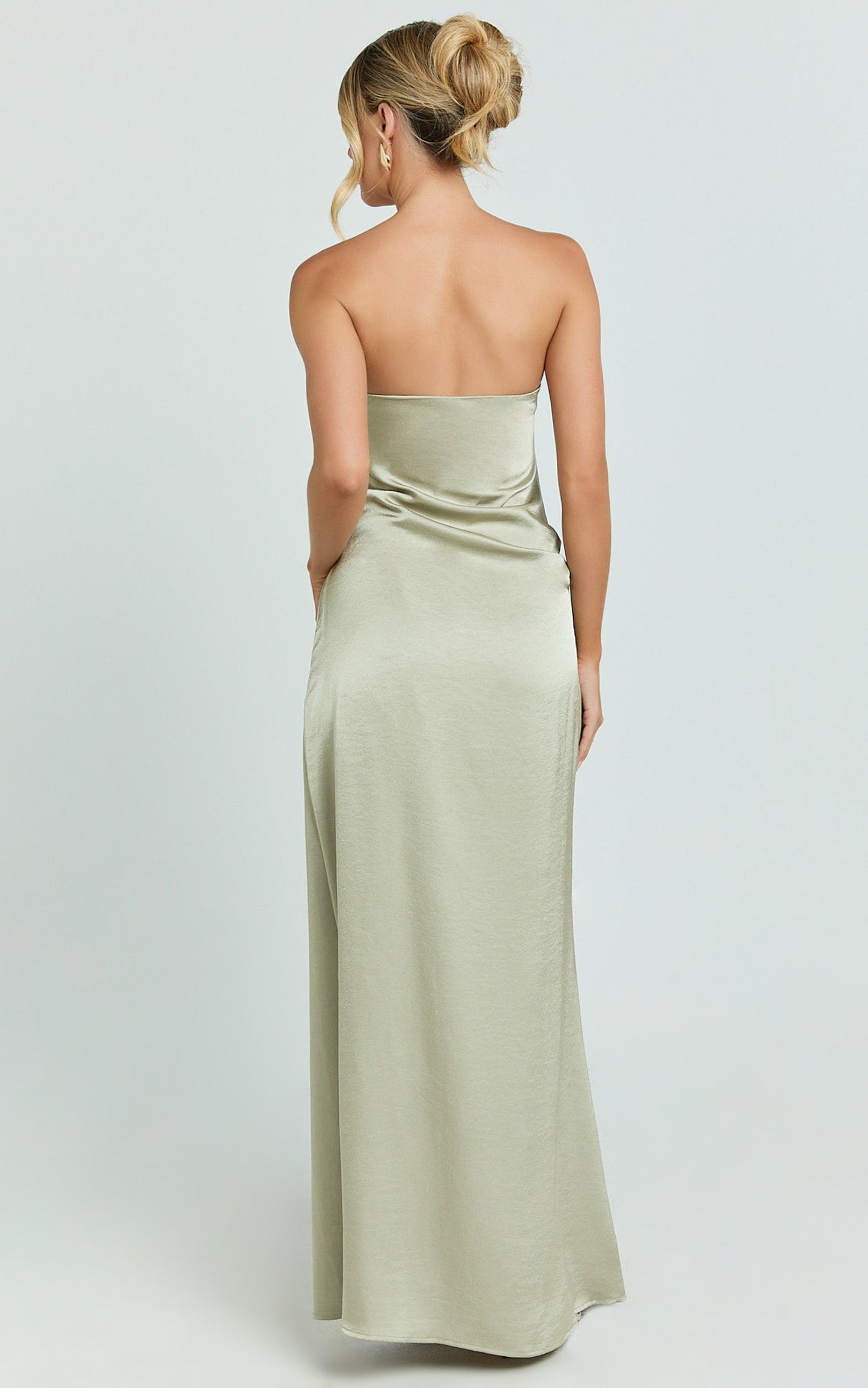Laurie Maxi Dress - Strapless Draped Satin Dress in Light Olive