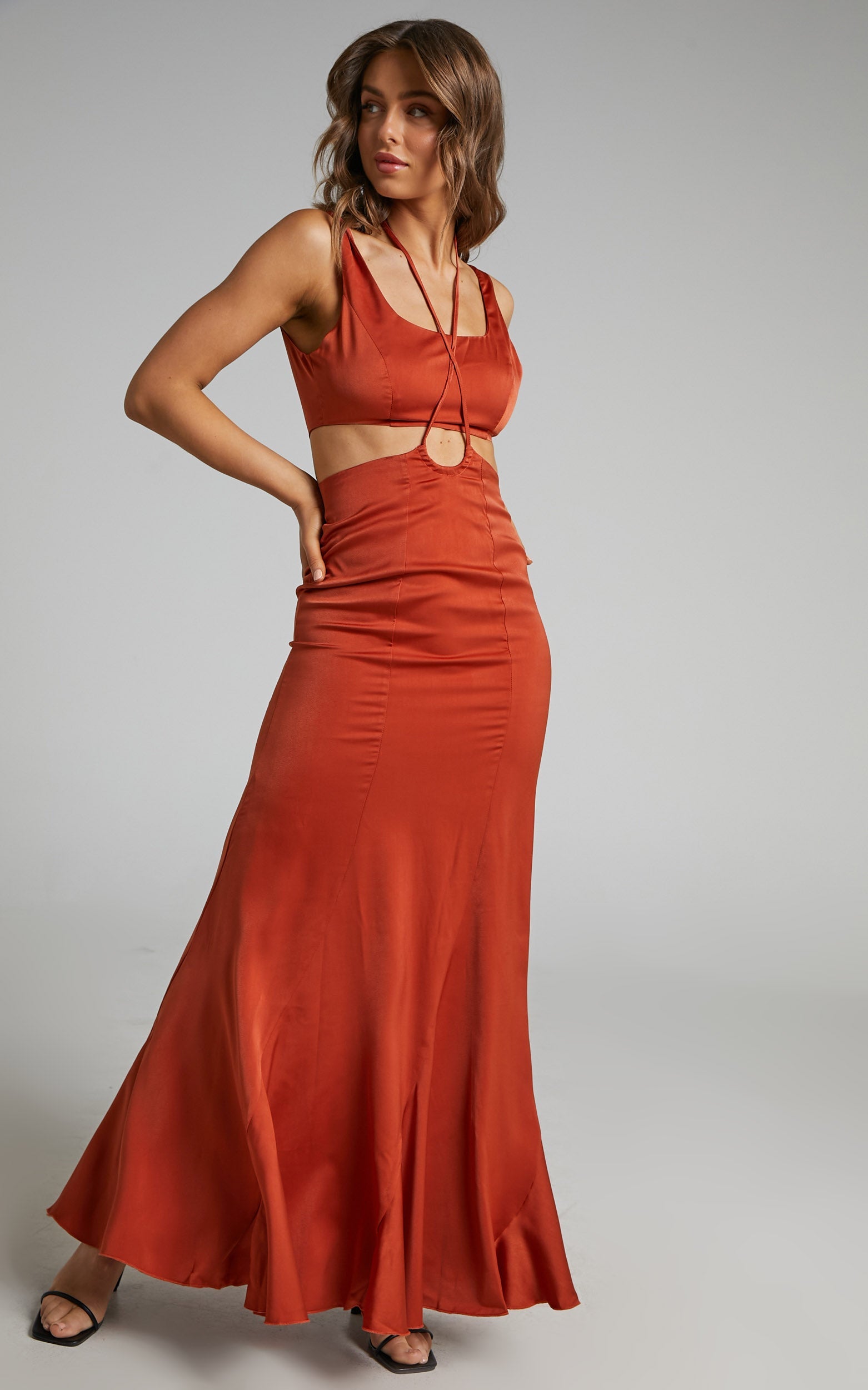 Layla Midi Dress - Cut out Halter Neckline Dress in Copper Satin