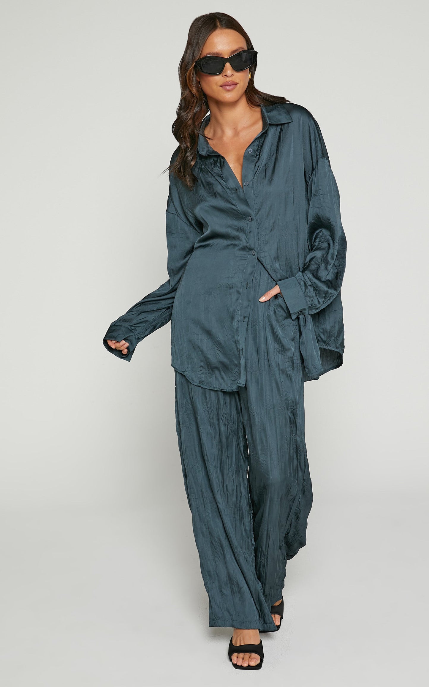 Lazzy Top - Long Sleve Crinkle Shirt in Petrol