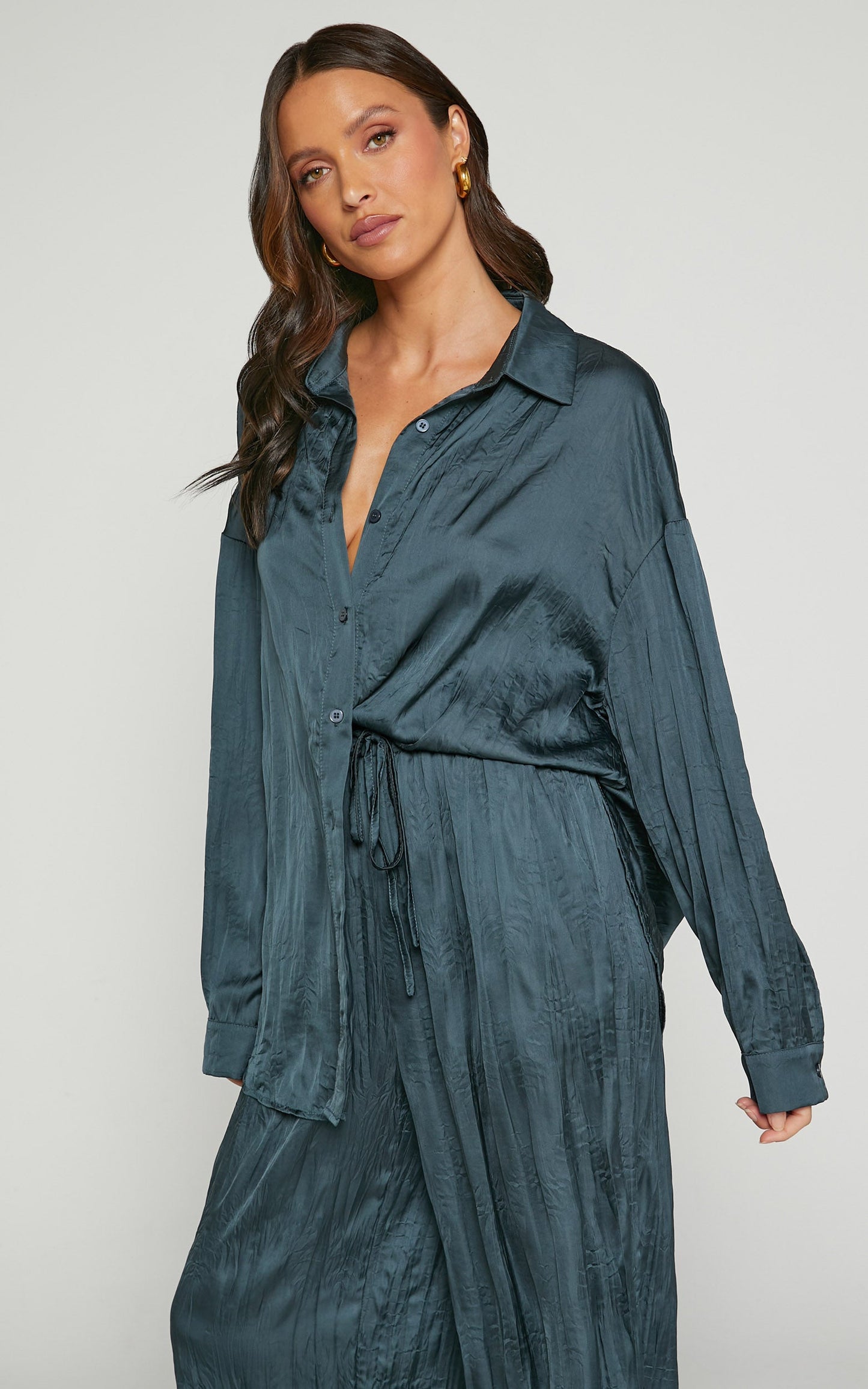 Lazzy Top - Long Sleve Crinkle Shirt in Petrol