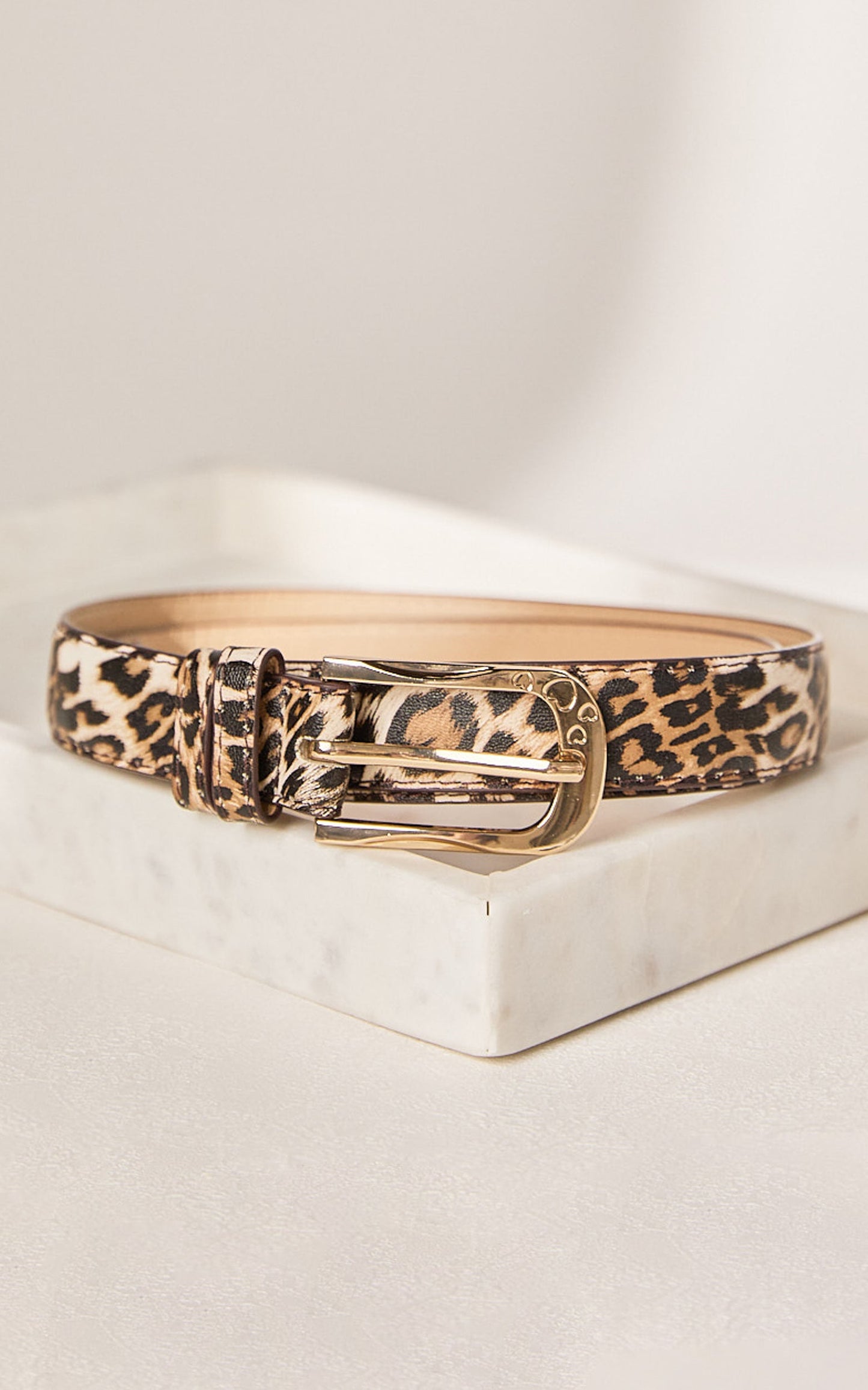 Leah Belt - Thin Gold Buckle PU Leopard Print Belt in Brown