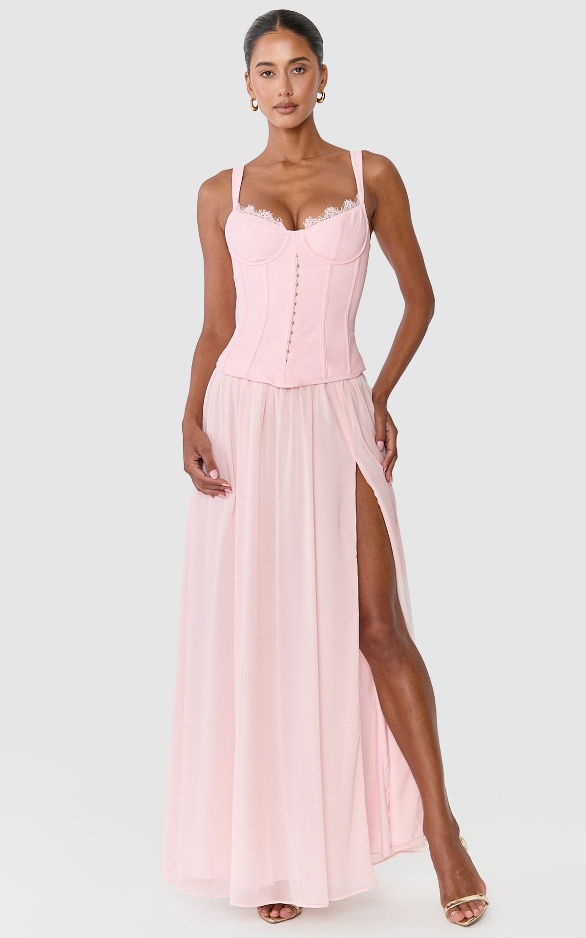Leah Maxi Dress - Drop Waist Bustier Maxi Dres With Lace Bust Detail And Chiffon Skirt in Pink