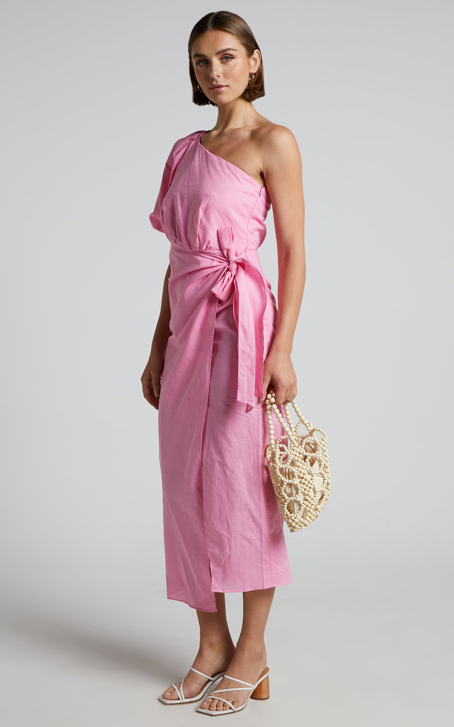 Leah Midi Dress - Linen Look One Shoulder Puff Sleeve Tie Waist Dress in Pink