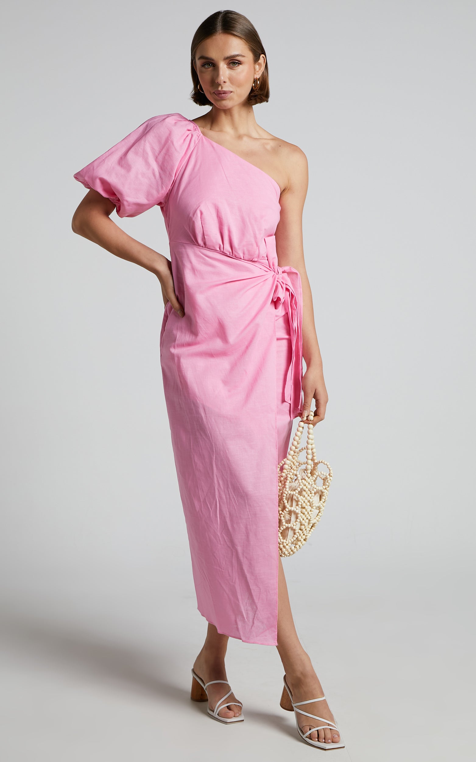 Leah Midi Dress - Linen Look One Shoulder Puff Sleeve Tie Waist Dress in Pink