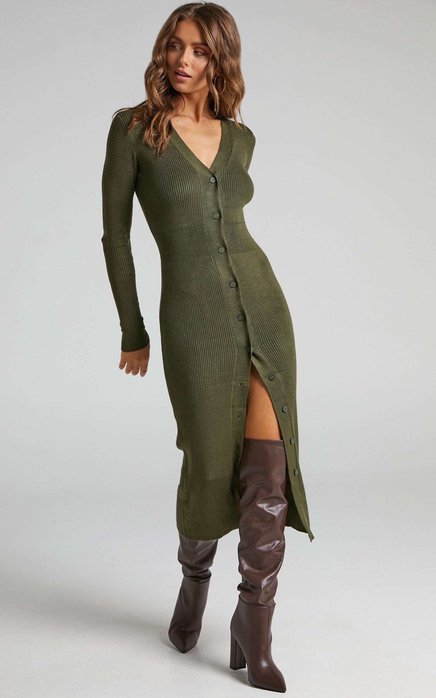 Leahanna Midi Dress - Button Front Knit Dress in Olive