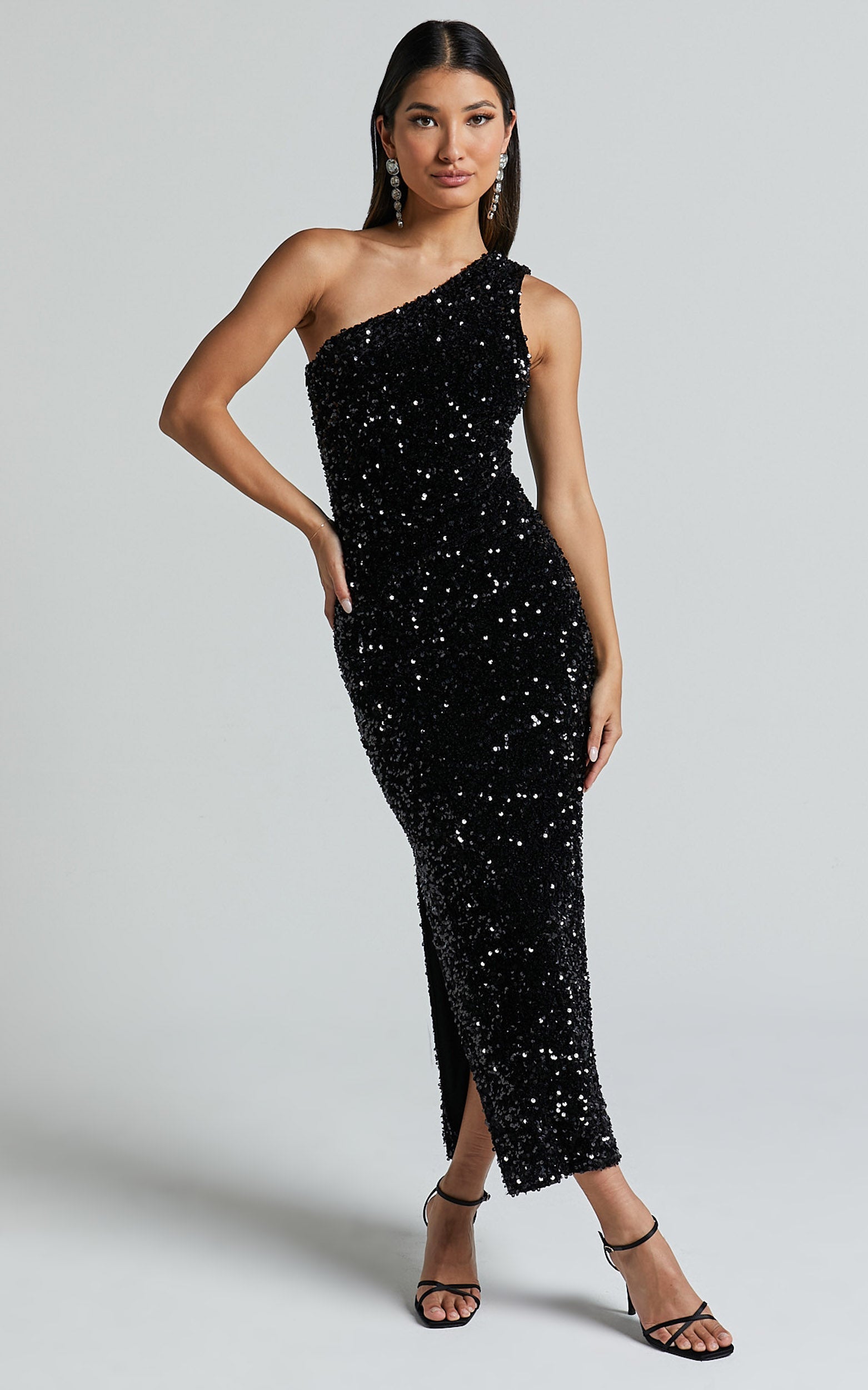 Leahanne Midi Dress - One Shoulder Sequin Dress in Black