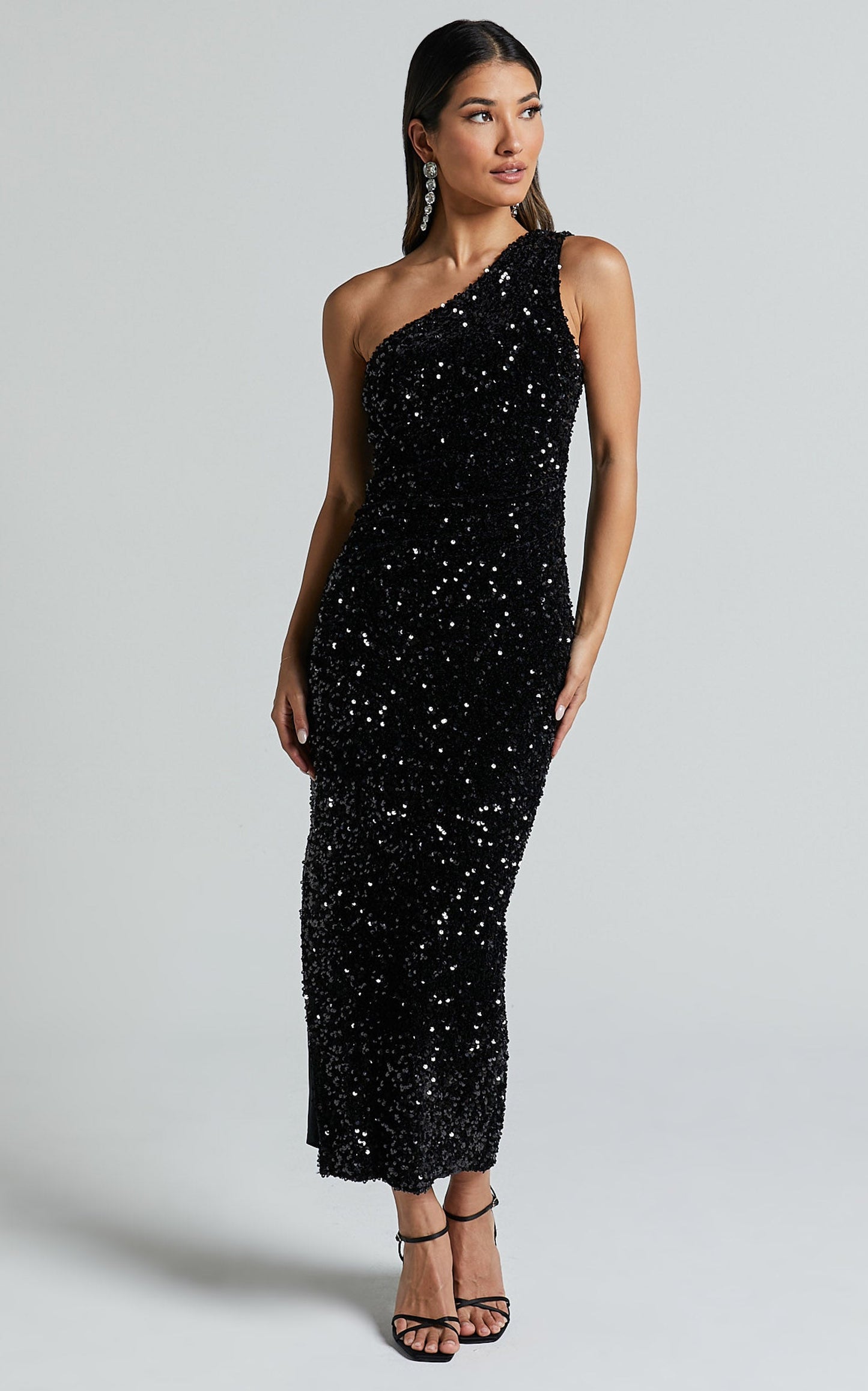 Leahanne Midi Dress - One Shoulder Sequin Dress in Black
