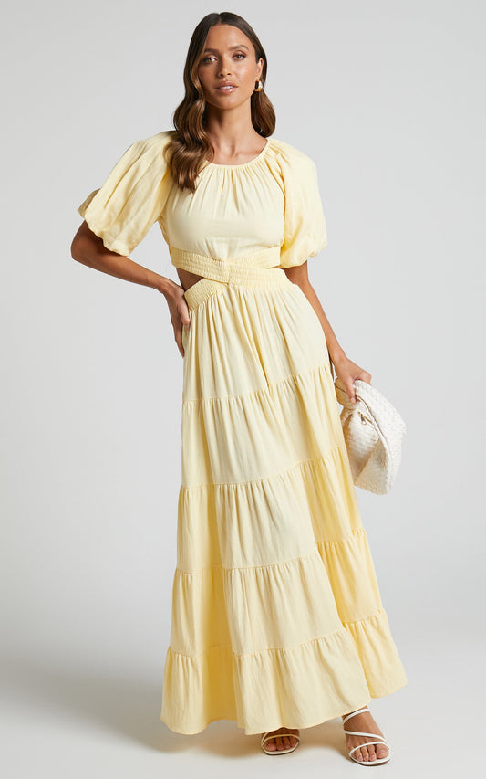 Leandra Maxi Dress - Scoop Neck Cut Out Tiered Dress in Lemon