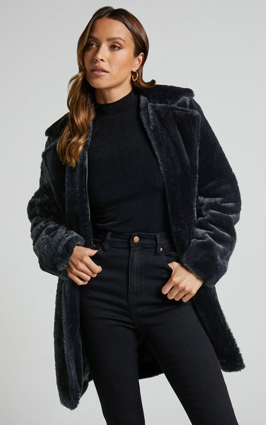 Leaning On You Coat - Faux Fur Coat in Black Faux Fur
