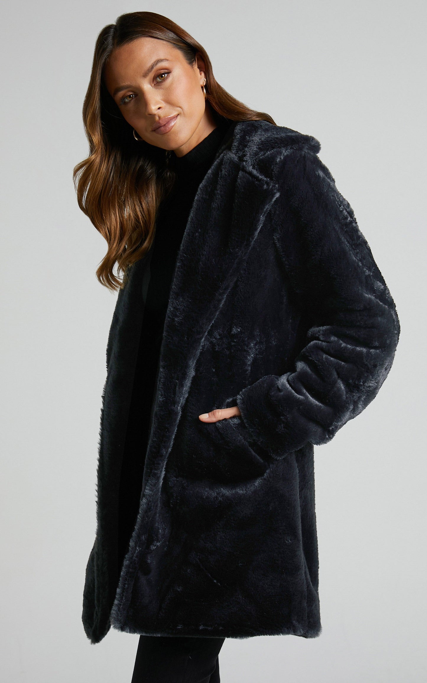 Leaning On You Coat - Faux Fur Coat in Black Faux Fur