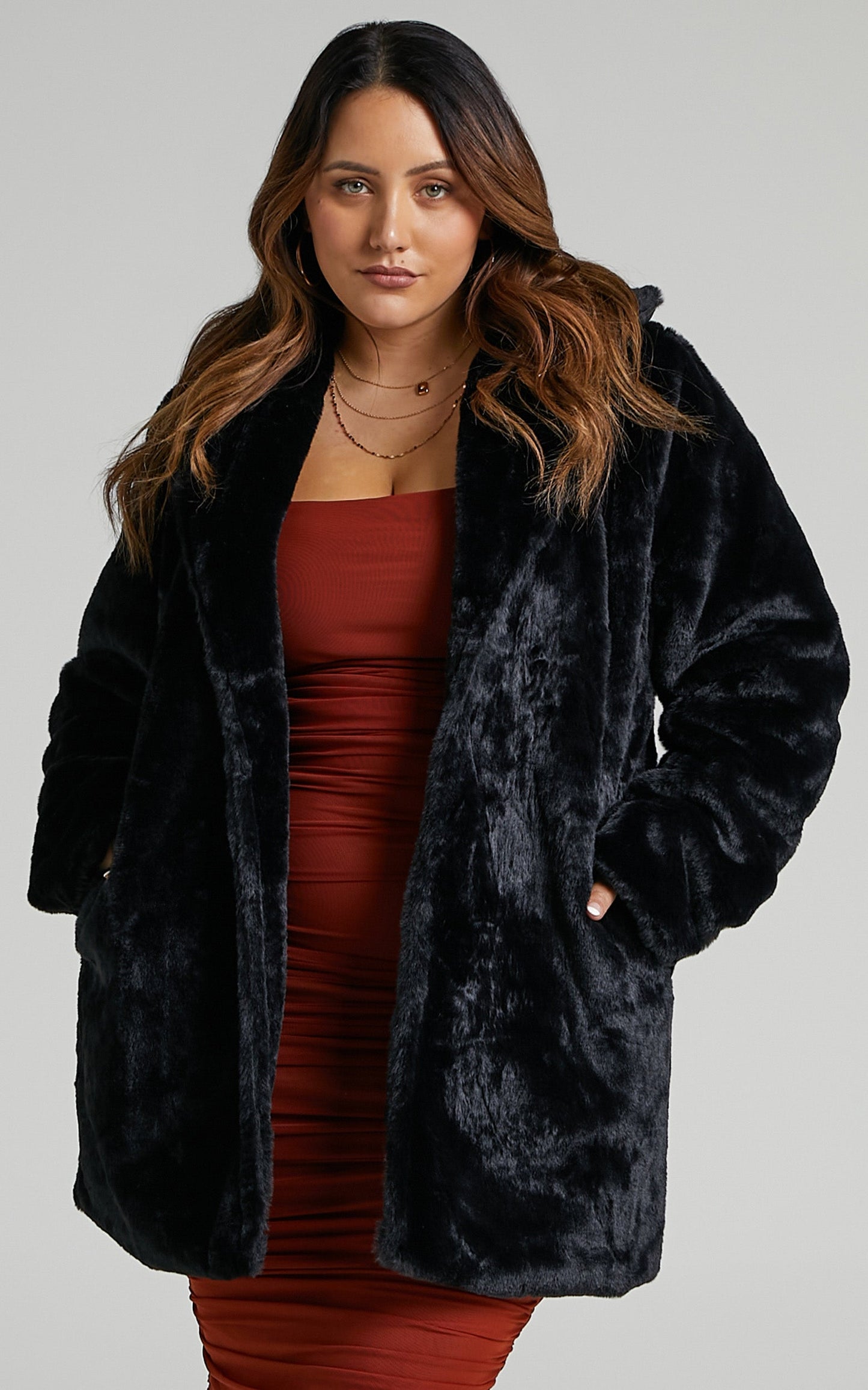 Leaning On You Coat - Faux Fur Coat in Black Faux Fur