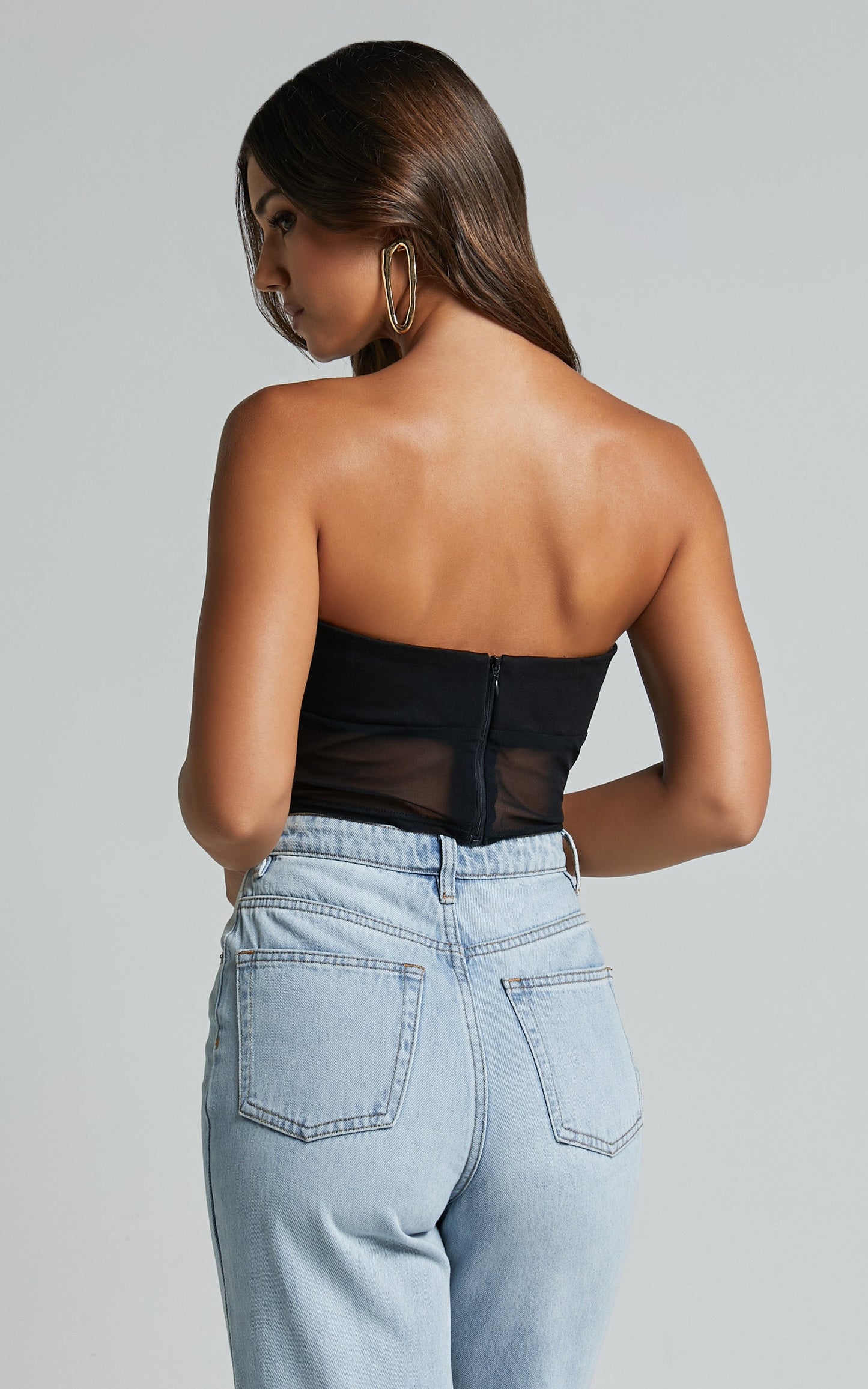 Leanna Top - Mesh Strapless Corset Crop Top in Black
