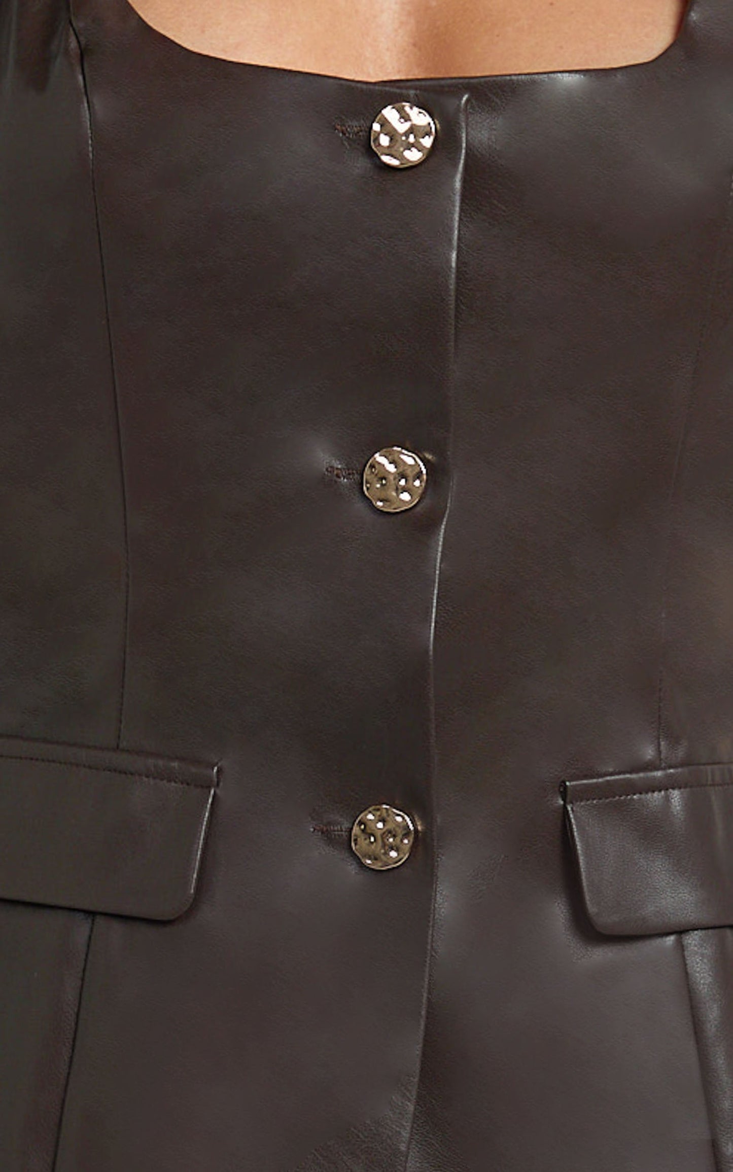 Leanne Two Piece Set - Faux Leather Scoop Neck Vest Top and High Waist Mini Skirt Set in Chocolate